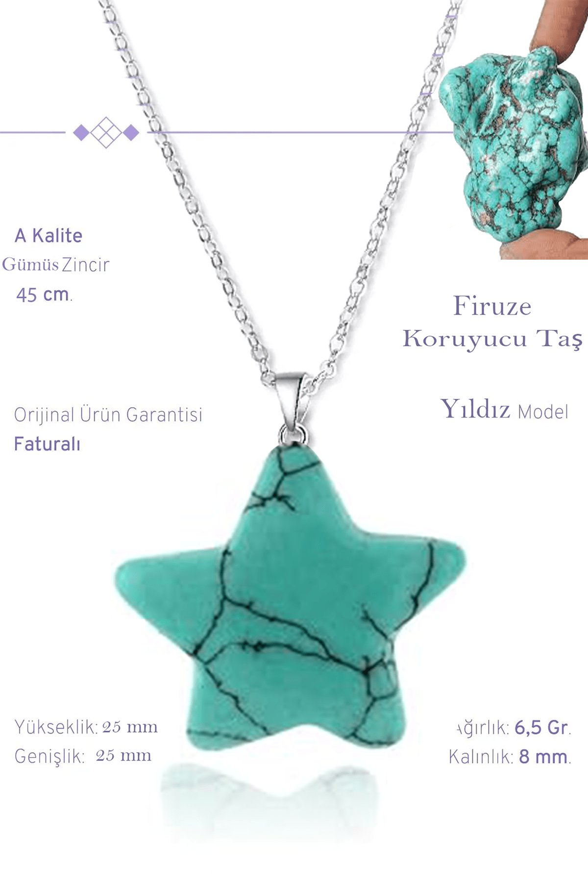 Sertifikalı Gerçek Yıldız Model Firuze (Turkuaz) Taşı Kolye - Gümüş Aparatlı