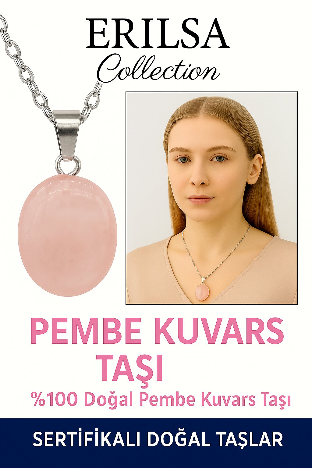 Sertifikalı Oval Pembe Kuvars Taşı Kolye – Aşk, Şefkat ve Duygusal Şifa Taşı