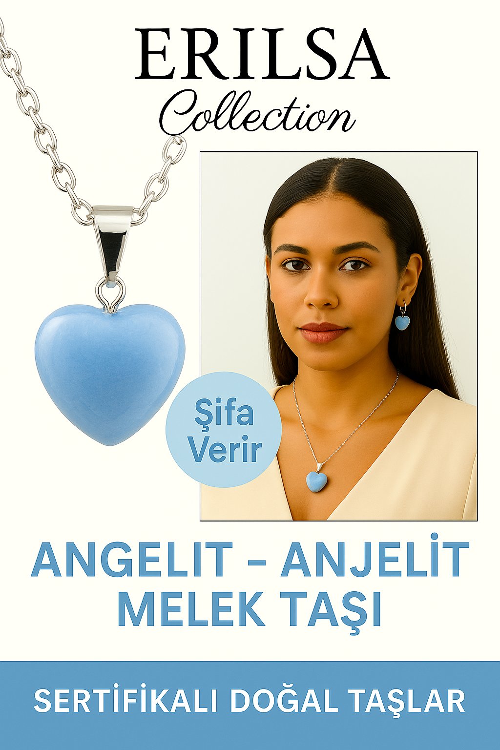 Sertifikalı Kalp Model Anjelit (Angelit) Melek Taşı Kolye – Huzur, Koruma ve Ruhsal Bağlantı Taşı