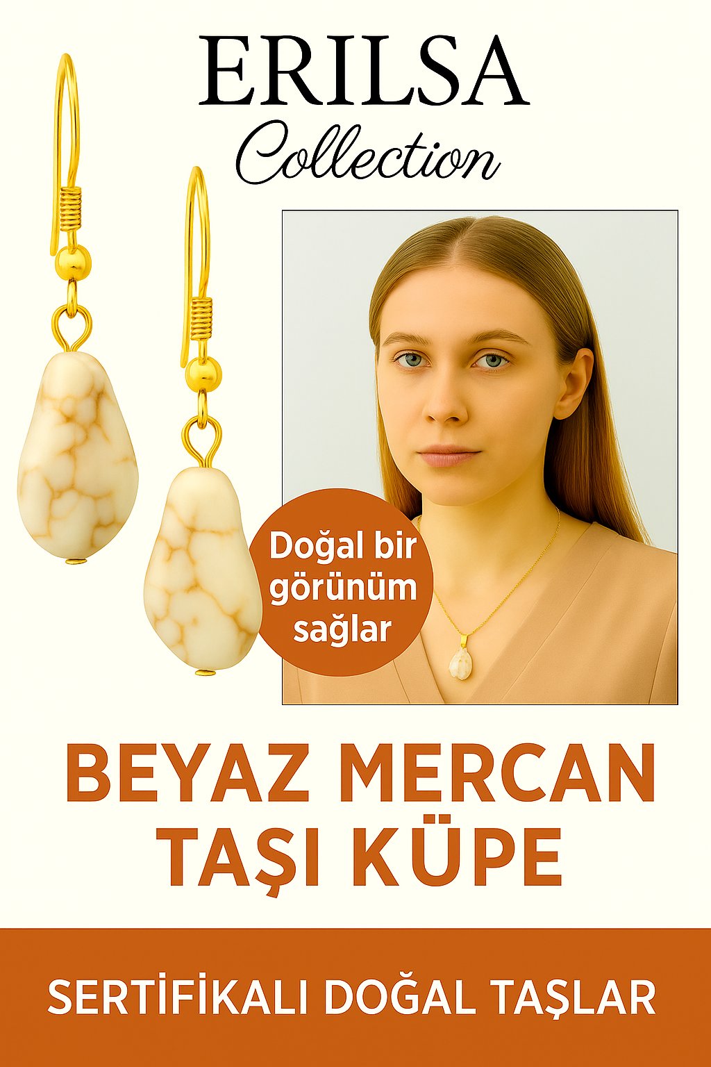 Sertifikalı Altın Renkli Beyaz Mercan Taşı Küpe – Saflık, Huzur ve Zarif Enerji Taşı