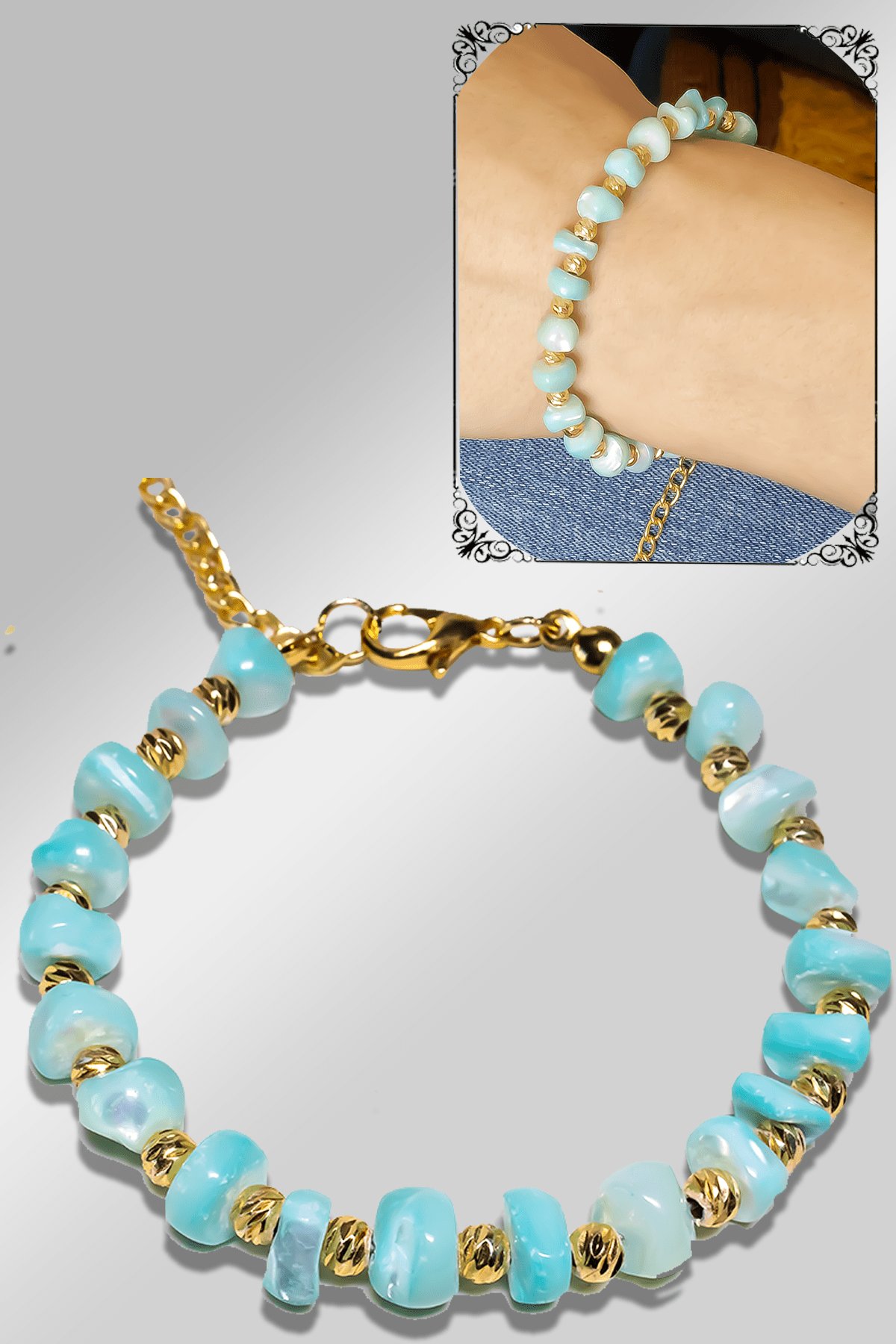 Sertifikalı Amorf Model Açık Mavi Renkli Sedef Taşı Bileklik (Ayarlamalı)