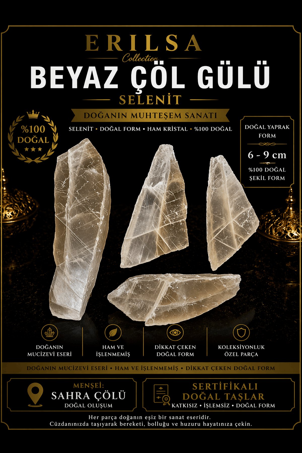 Sertifikalı Beyaz Çöl Gülü Selenit Taşı Kütle - 6-9 cm Doğal Yaprak Form Ham Kristal