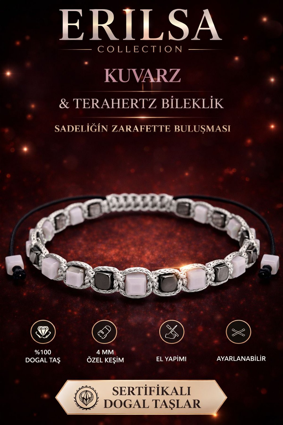 Sertifikalı Kuvars Taşı Terahertz Bileklik - 4 MM Küp Kesim – %100 Doğal Taş El Yapımı