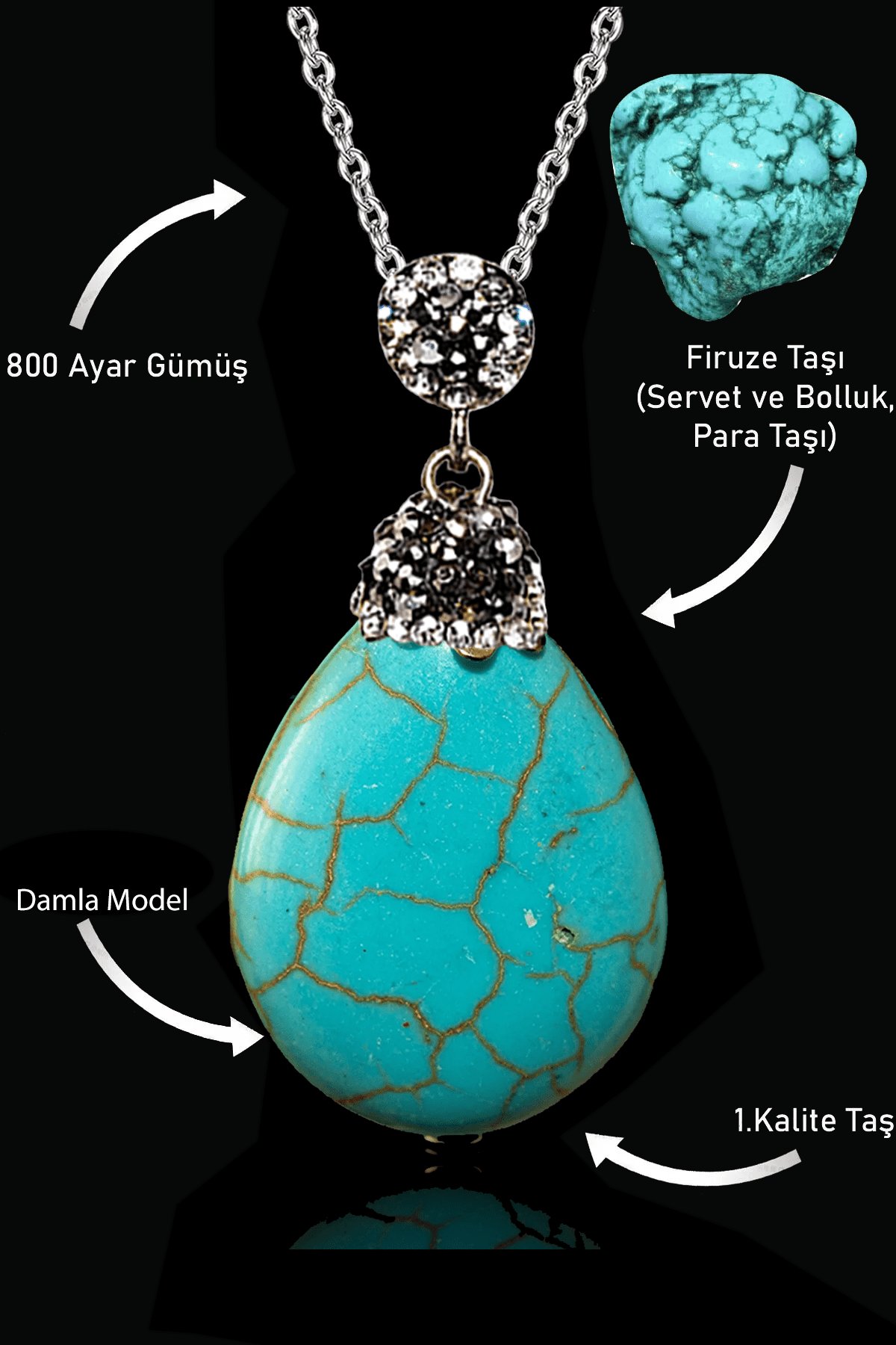 Sertifikalı XL Zirkon Taşlı Damla Model Firuze Taşı Kolye (Turkuaz Taşı)