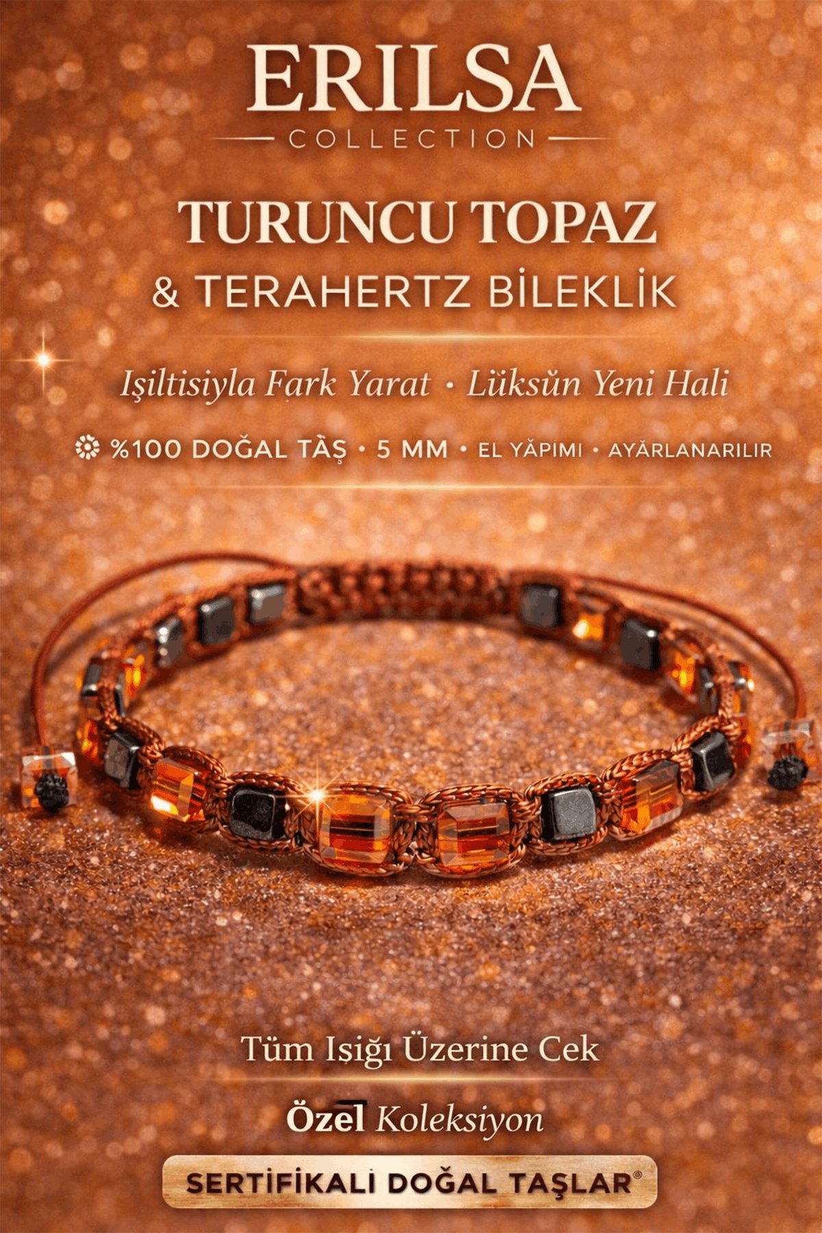 Sertifikalı Doğal Taş Turuncu Topaz Terahertz Bileklik Küp Kesim Fasetli Parlak Şık Bileklik Unisex Ayarlanabilir