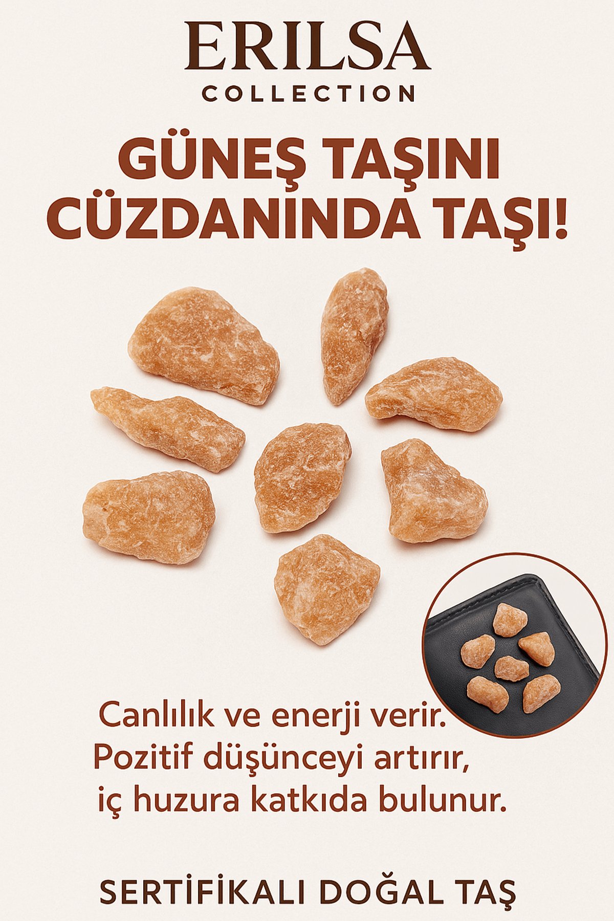 Sertifikalı Ham Cüzdan Boy Güneş Taşı Kütle - El Taşı - Neşe, Özgüven ve Günlük Enerji Desteği