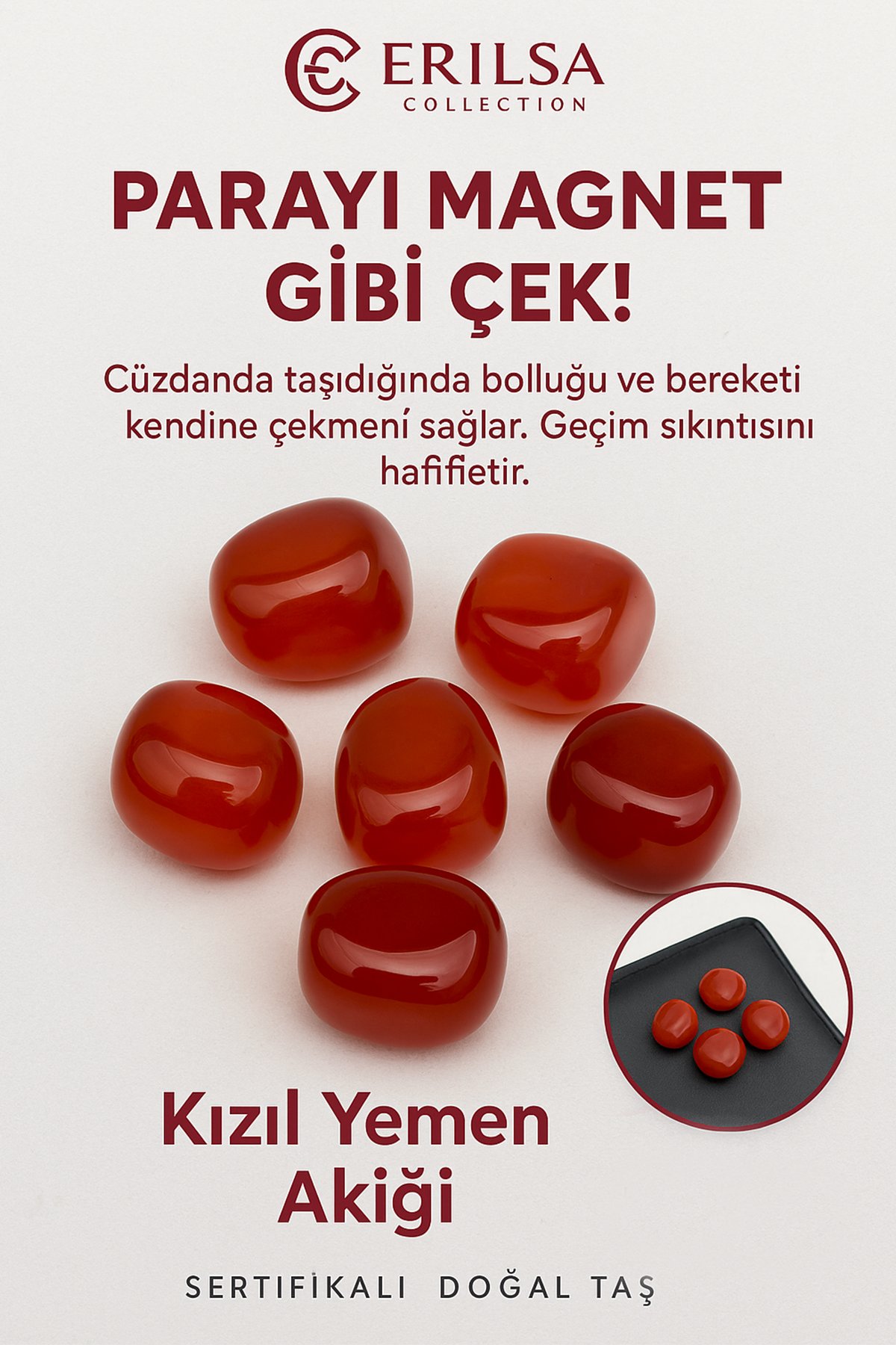 Sertifikalı Cüzdan Boy Tamburlanmış Kızıl Yemen Akiği Taşı Kütle - Güç, Koruma Nazara Kalkan