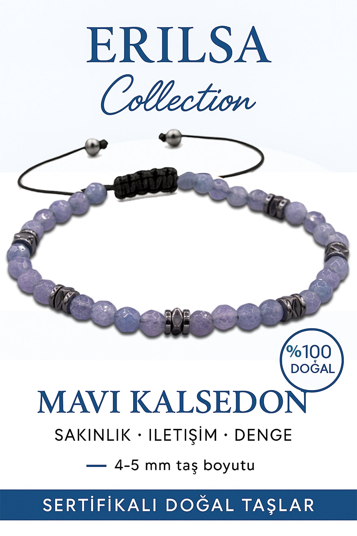 Sertifikalı Fasetli Terahertz – Mavi Kalsedon Taşı Bileklik (İnce Model) – İletişim, Sakinlik ve Ruhsal Denge Taşı