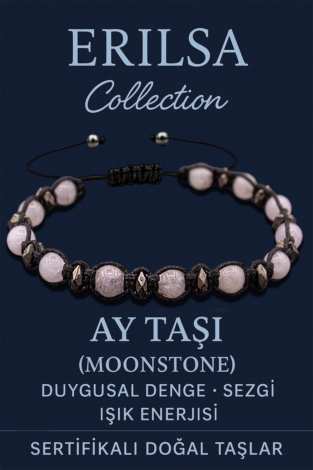 Sertifikalı 6 mm Makrome Terahertz &amp; Ay Taşı Bileklik – Duygusal Huzur, Sezgi ve Koruma