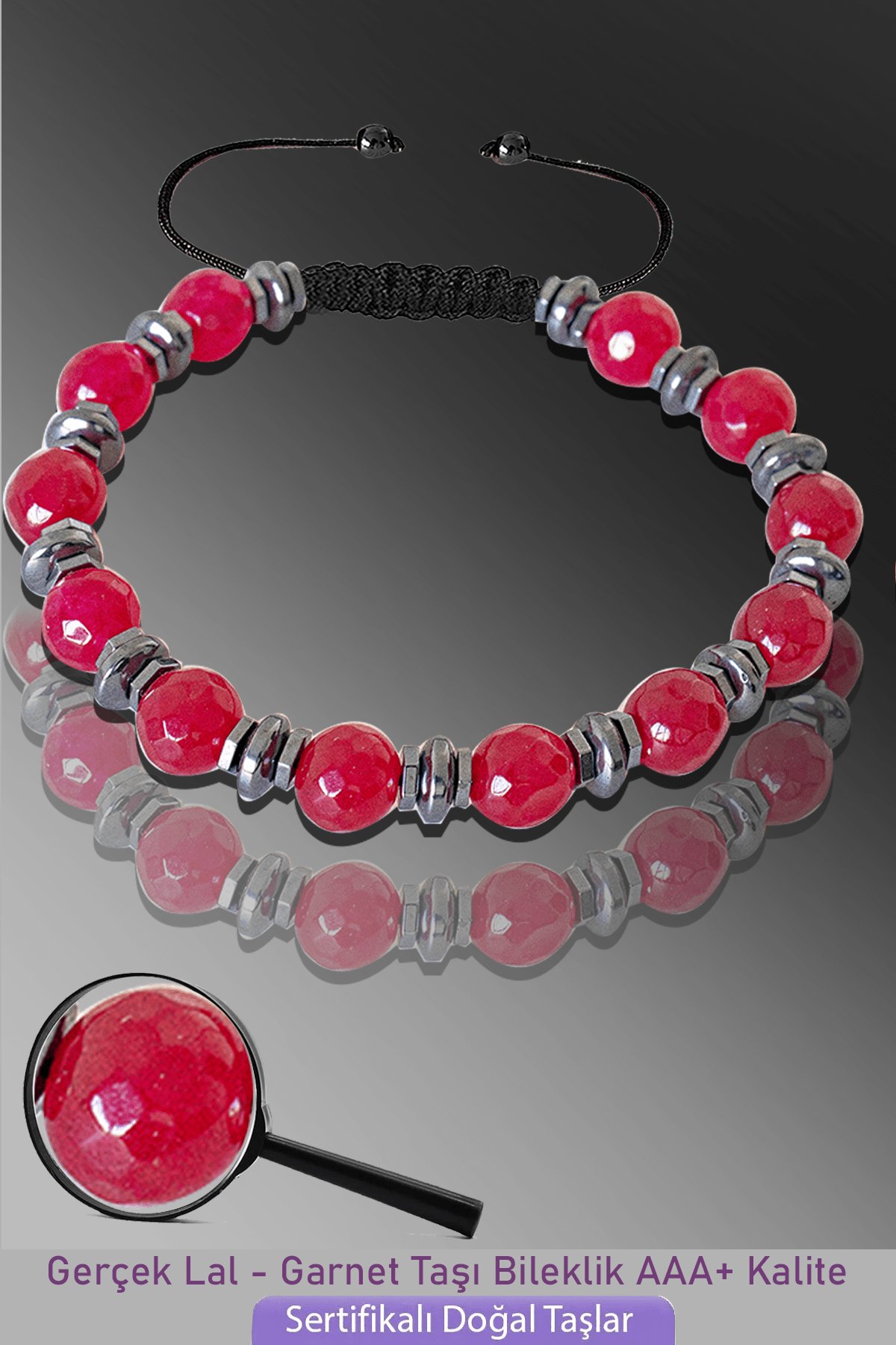 Sertifikalı Silver Hematitli Lal Garnet Taşı Bileklik - Ayarlamalı