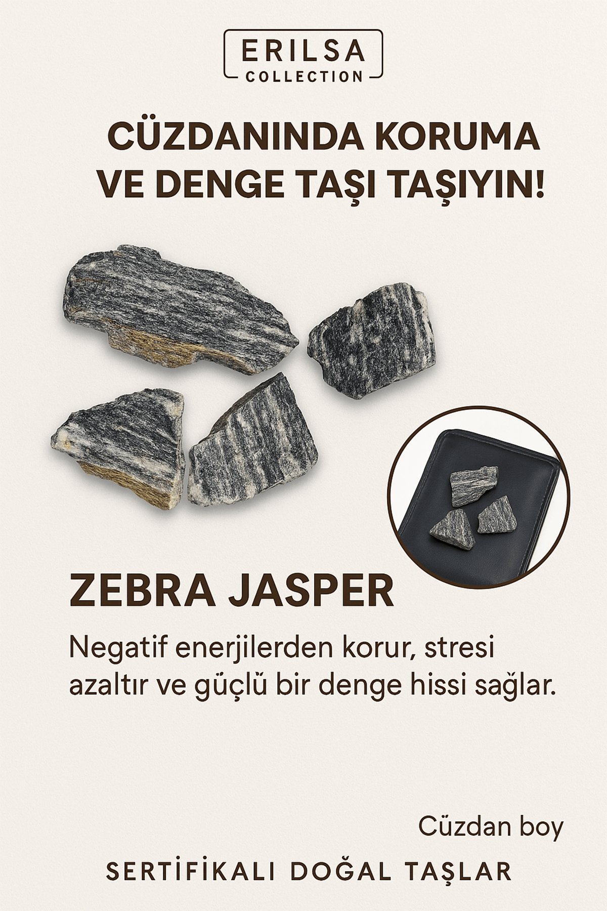 Sertifikalı Ham Cüzdan Boy Zebra Jasper Taşı Kütle - Denge, Kararlılık Günlük Koruma Taşı