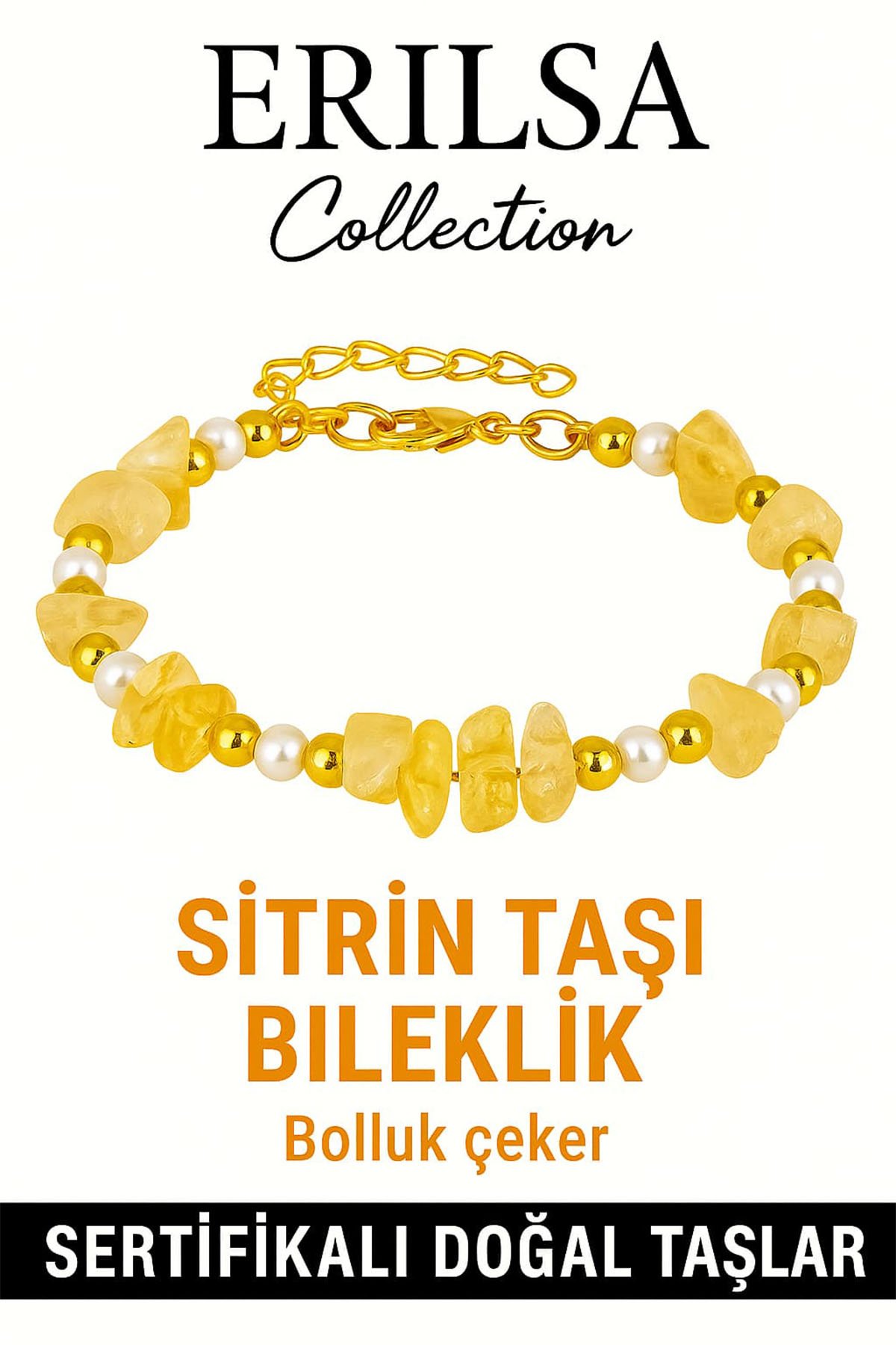 Sertifikalı Kırık Taşlı Model İnci – Sitrin Taşı Bileklik – Pozitif Enerji ve Bolluk