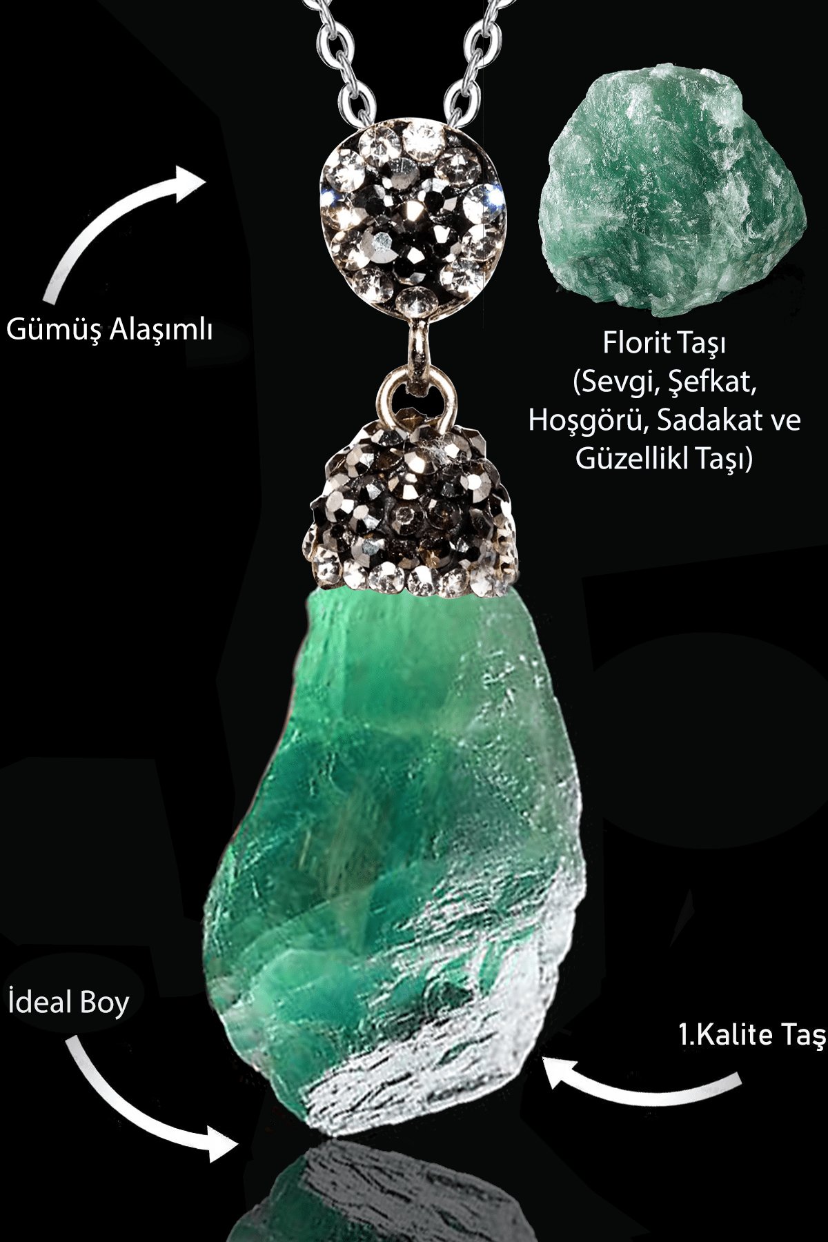 Sertifikalı Zirkon Taşlı Ham İşlenmemiş Yeşil Florit Taşı Kolye