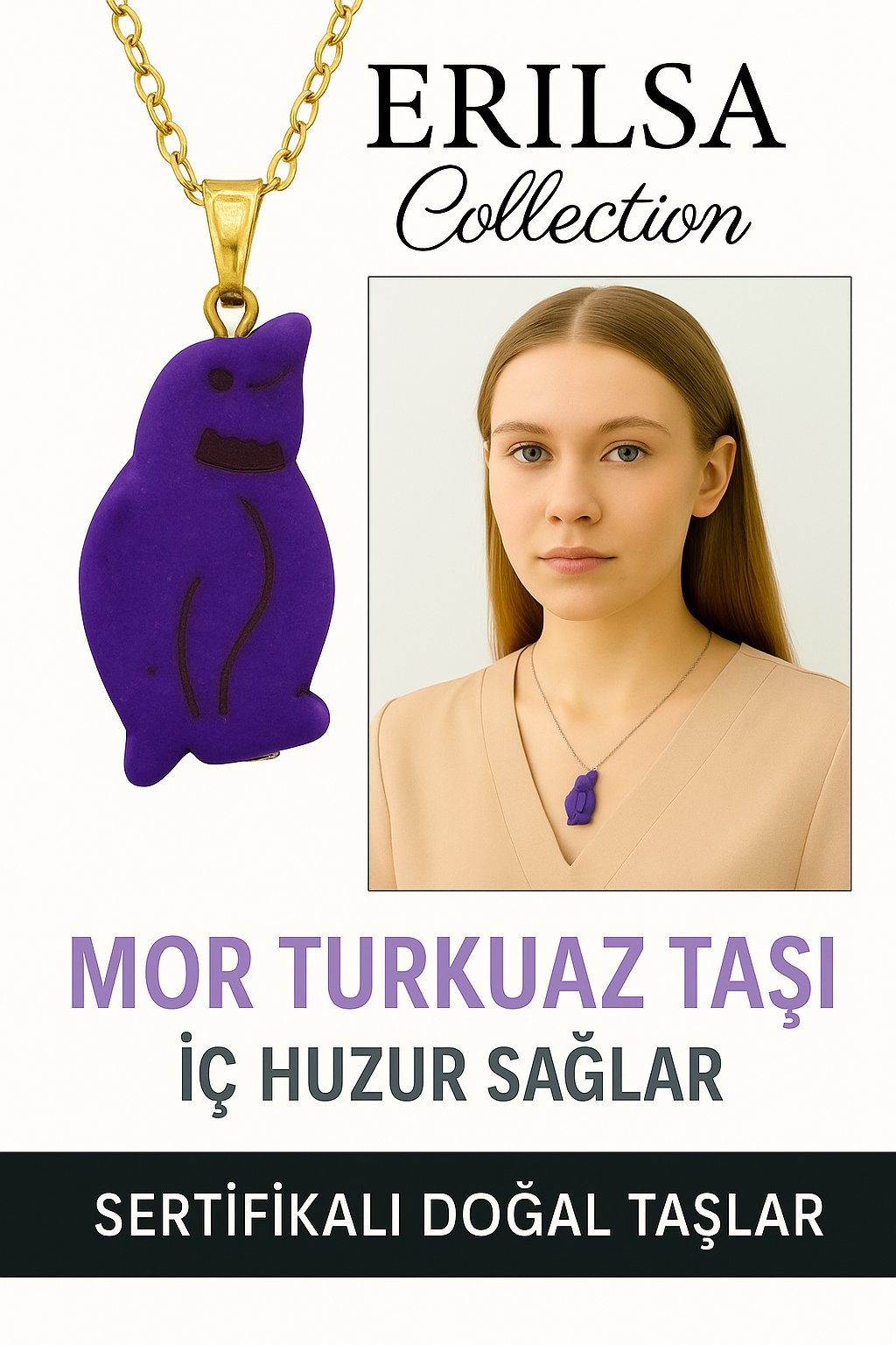 Sertifikalı Penguen Model Mor Turkuaz Taşı Kolye – Şans, Koruma ve Ruhsal Dönüşüm