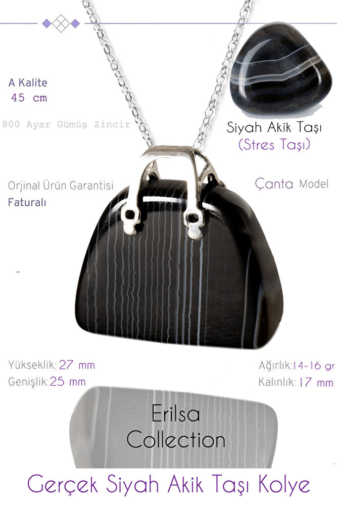 Sertifikalı Çanta Model Siyah Akik Taşı Kolye