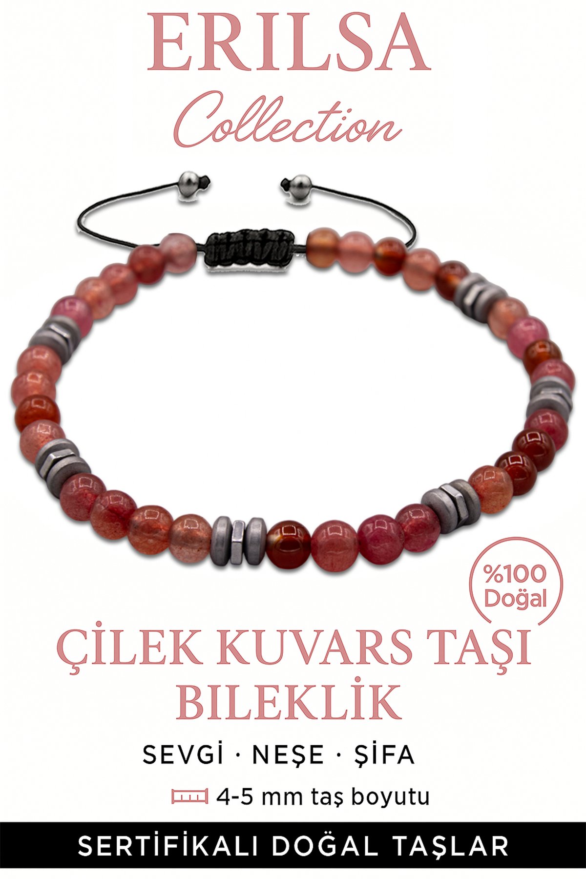 Sertifikalı Terahertz - Çilek Kuvars Taşı Bileklik - İnce Model Sevgi ve Neşe Enerjisi 