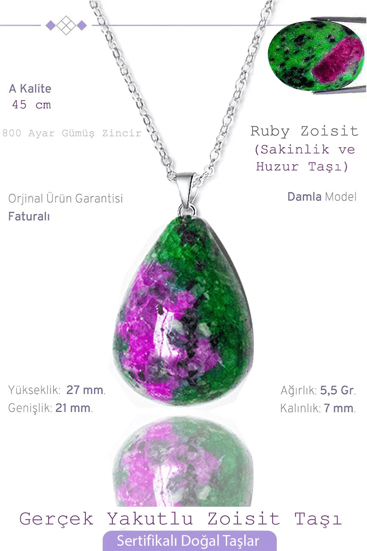 Sertifikalı Damla Model Gerçek Ruby Zoisite Kolye - Anyolit Taşı