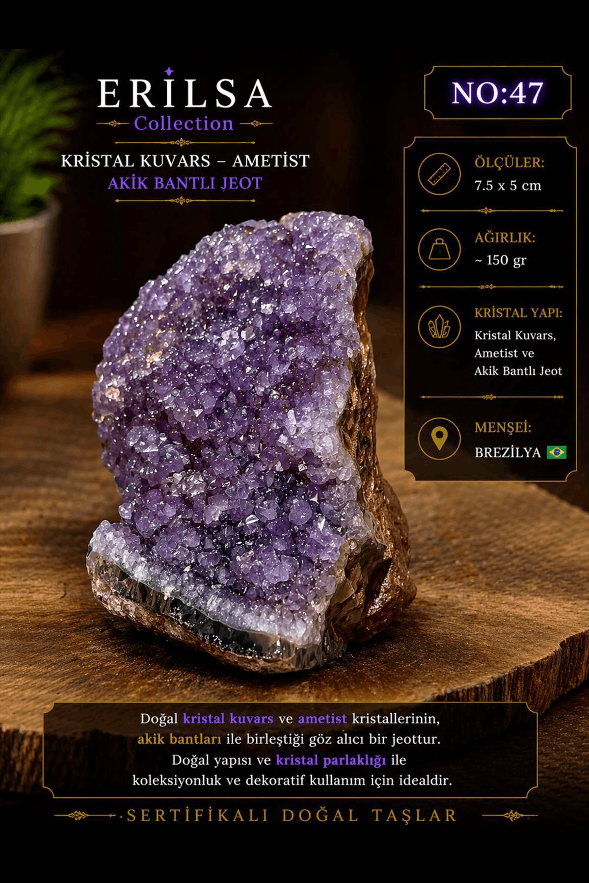 Sertifikalı Kristal Kuvars Ametist Akik Bantlı Jeot İri Kristalli Doğal Taş NO47