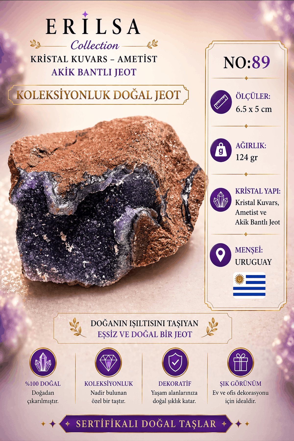 Sertifikalı Kristal Kuvars Ametist Akik Bantlı Jeot Doğal Taş Koleksiyonluk Dekoratif 6.5x5 cm