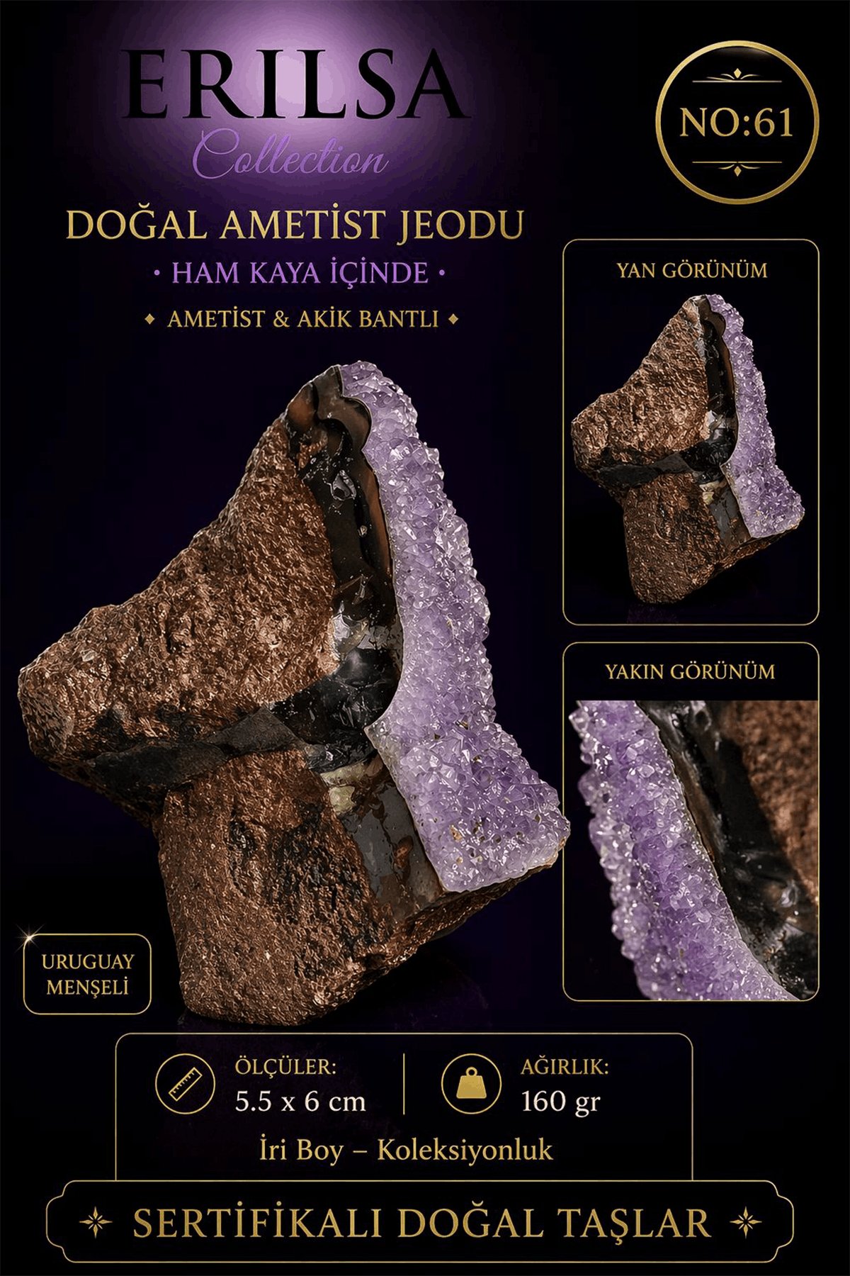 Sertifikalı Doğal Ametist Jeodu Akik Bantlı Kristal Kuvars Ham Kaya NO61