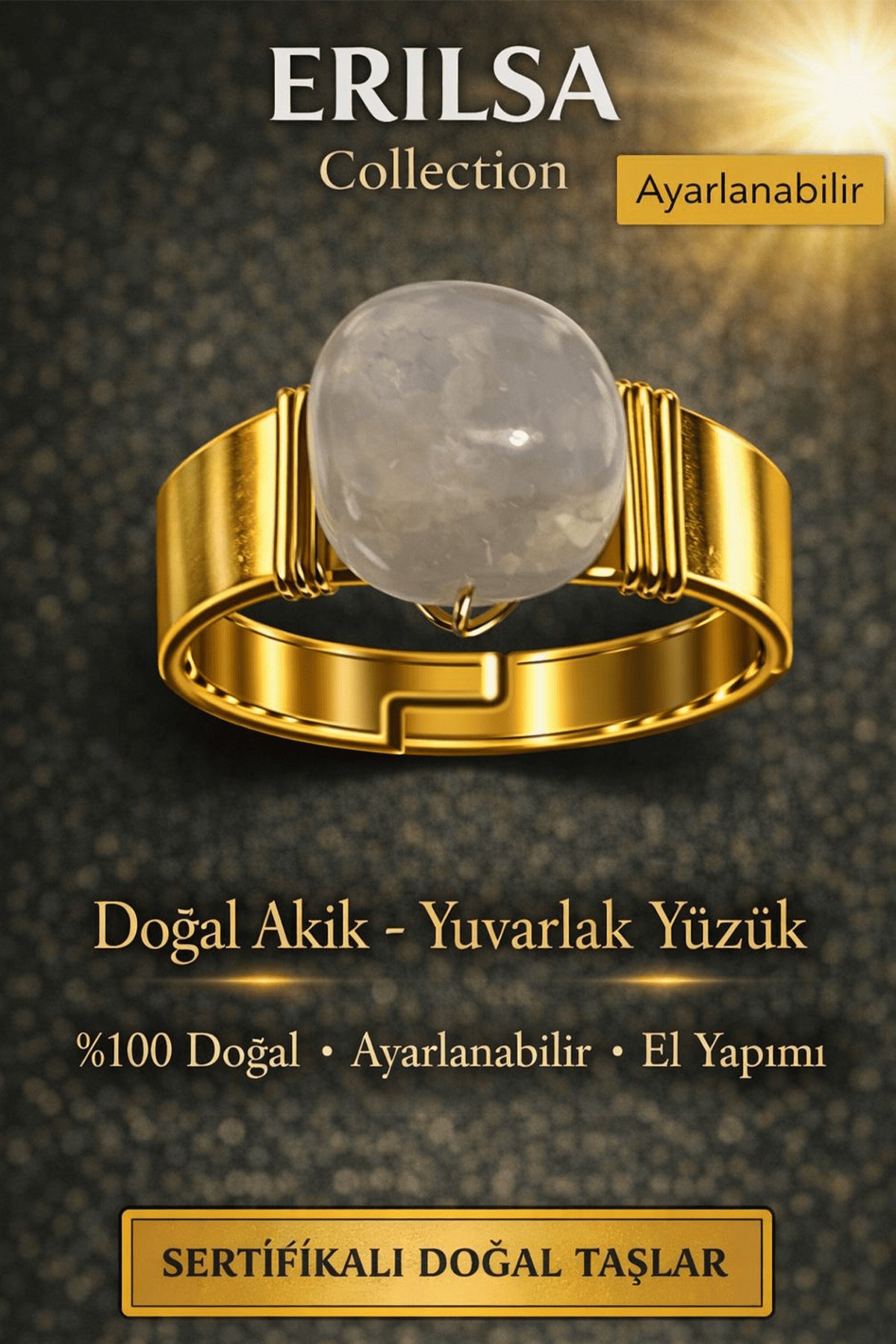 Sertifikalı Doğal Akik Yüzük Doğal Taş Yüzük Ayarlanabilir El Yapımı