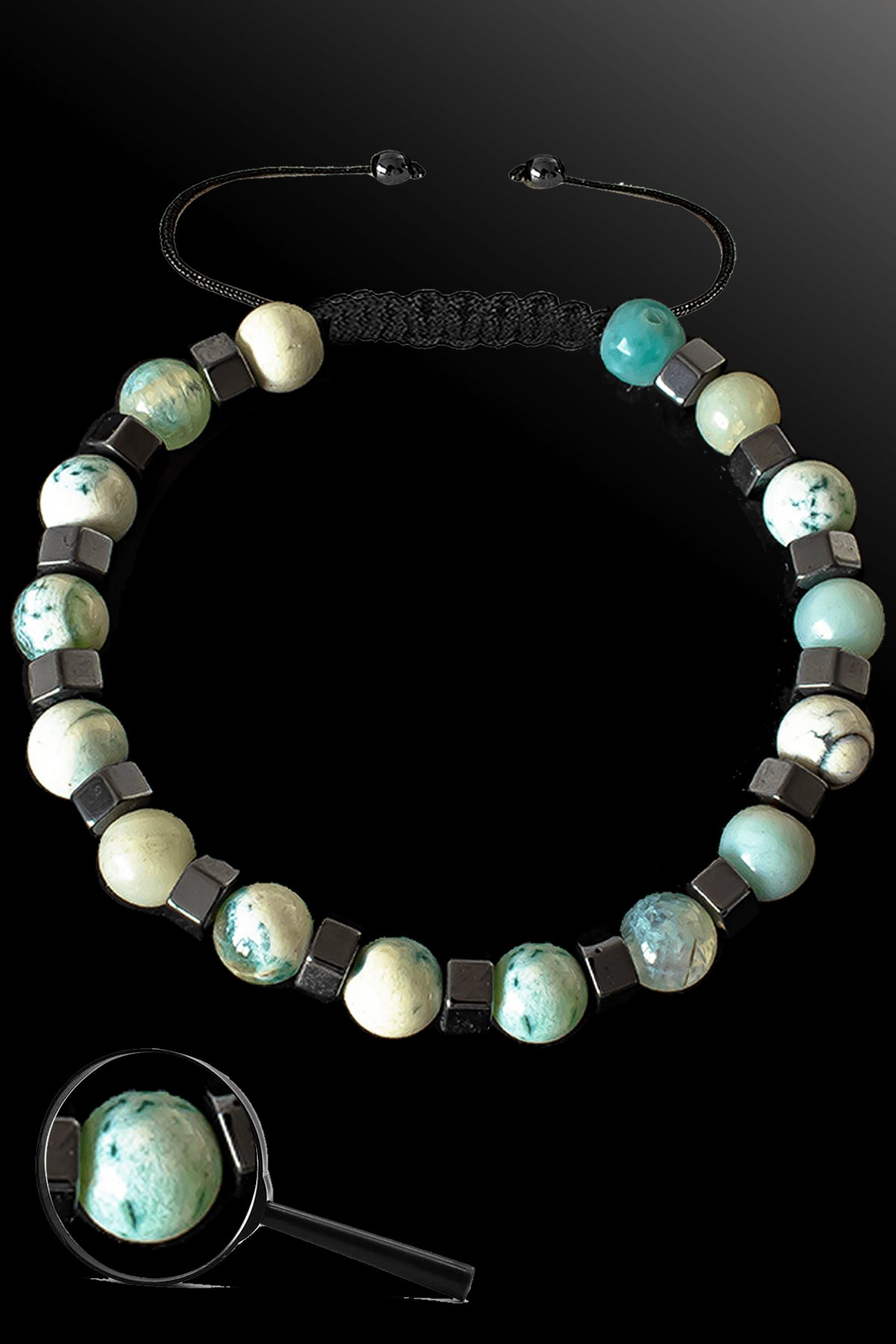 Sertifikalı Silver Hematitli 6 Mm Yeşil - Beyaz Akik Taşı Bileklik - Tibet Akiği