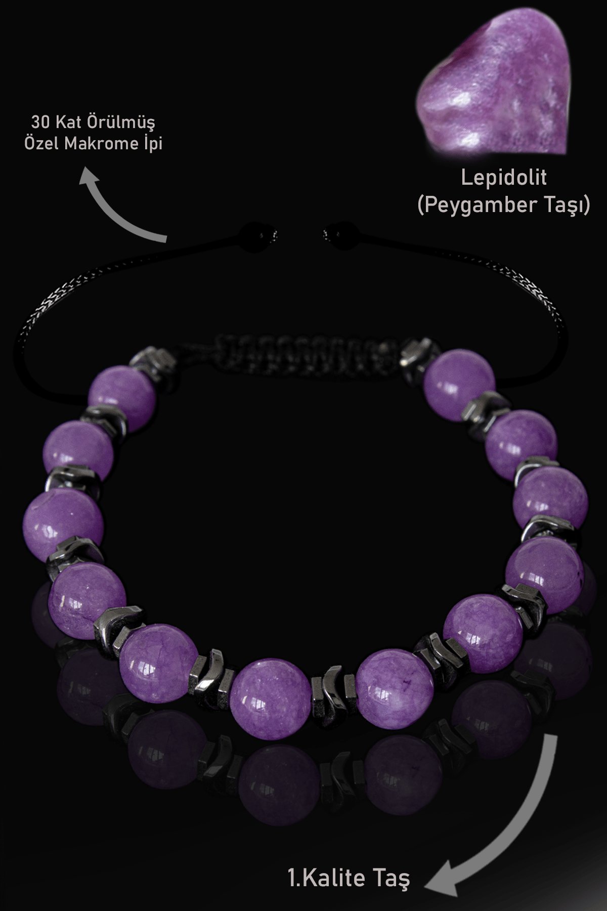 Sertifikalı Gerçek Hematit - Lepidolit Taşı Bileklik - Ayarlamalı (Peygamber Taşı)
