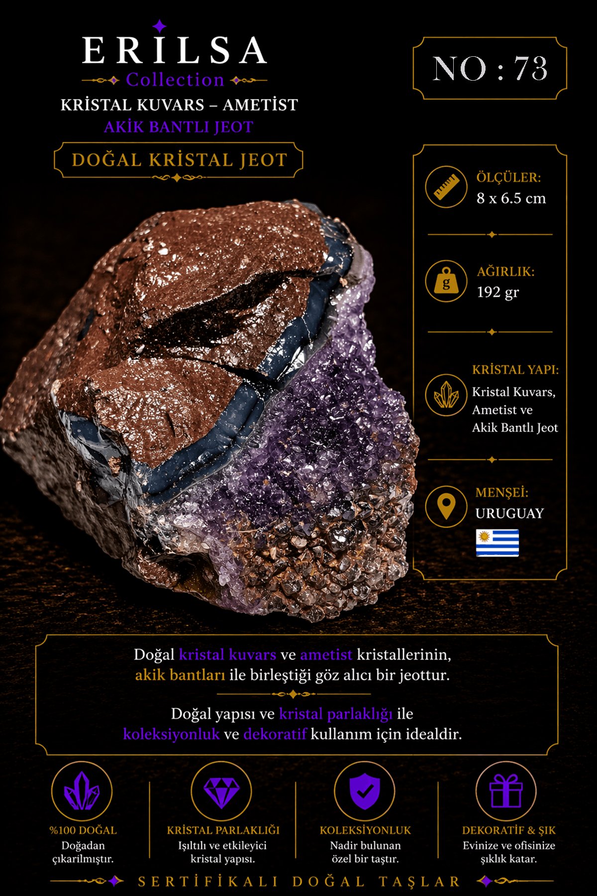Sertifikalı Doğal Ametist Jeodu Akik Bantlı Kristal Kuvars Ham Kaya Uruguay NO73