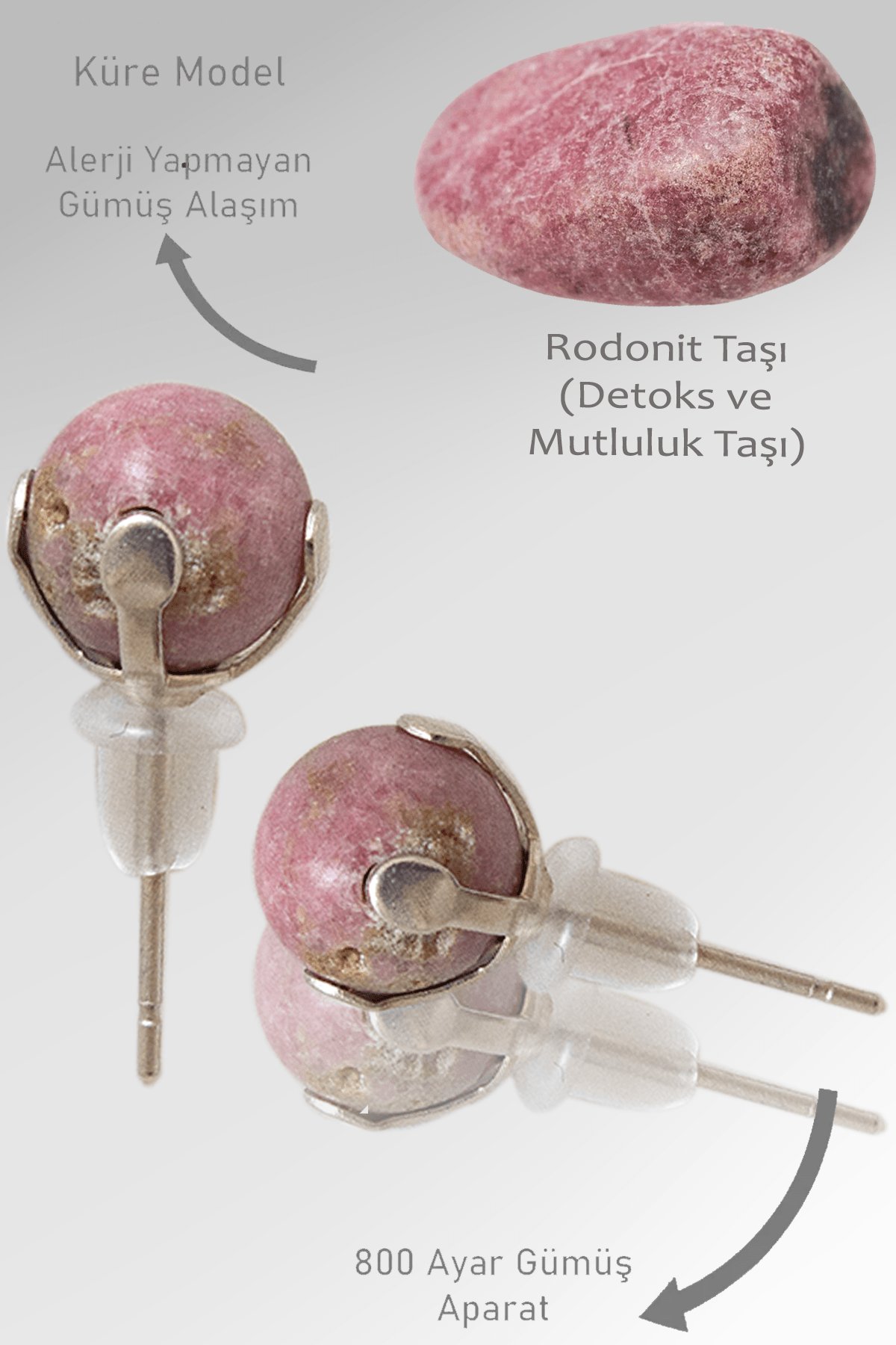 Sertifikalı Gerçek Rodonit Taşı Nokta Doğal Taş Küpe