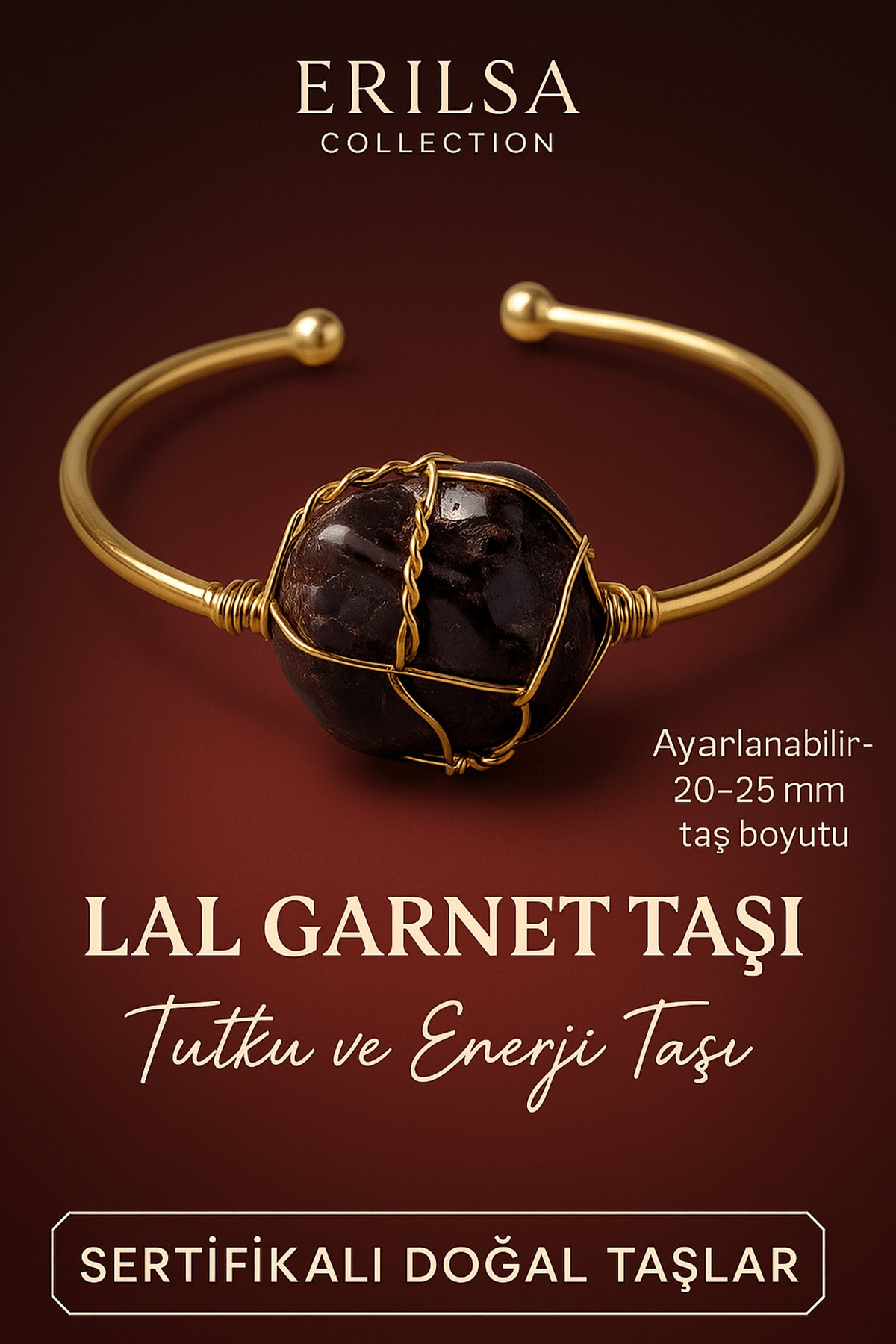 Sertifikalı Doğal Lal Garnet Taşı Ayarlanabilir 24K Altın Kaplama Bileklik 20-25 mm