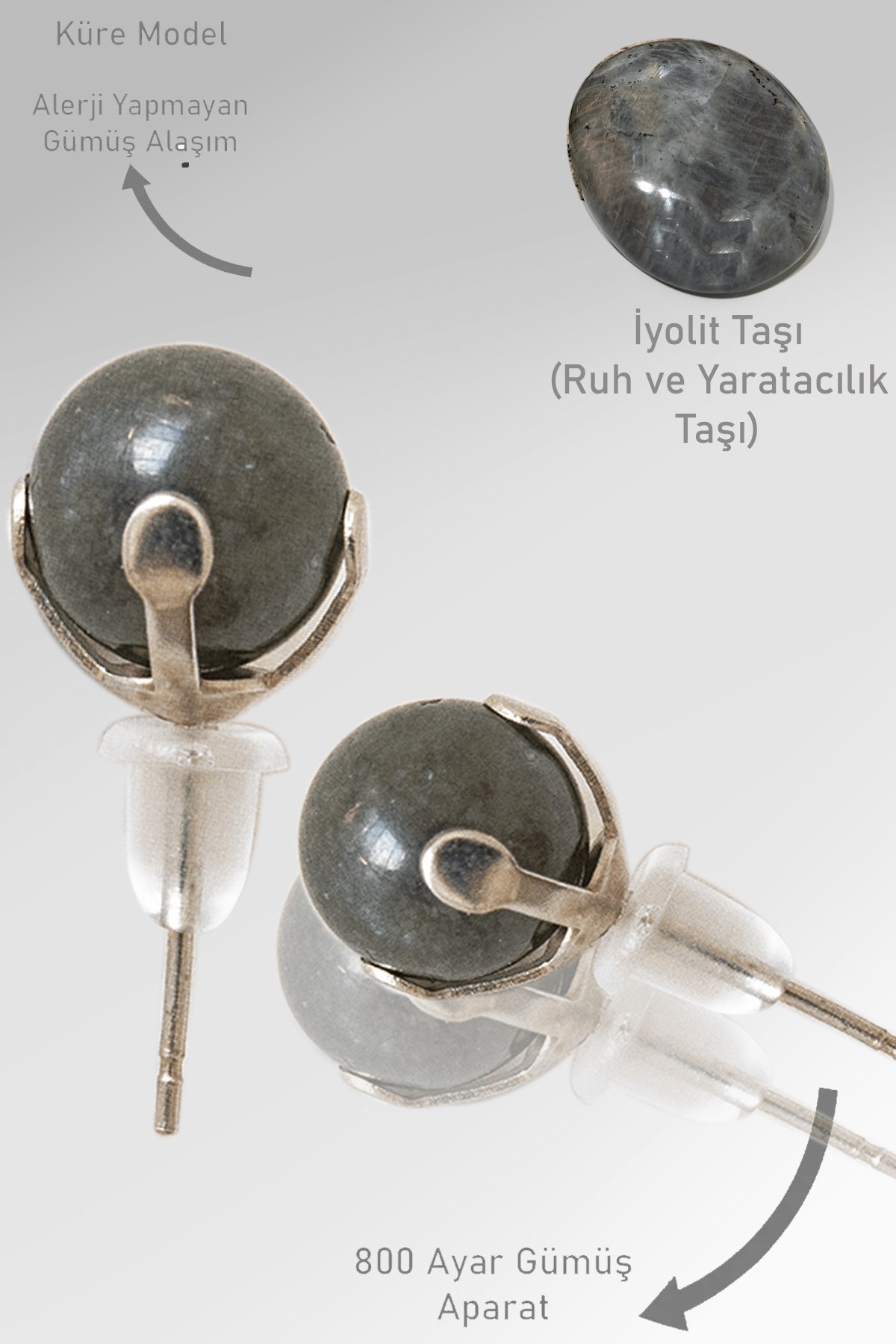 Sertifikalı Gerçek İyolit Taşı Nokta Doğal Taş Küpe