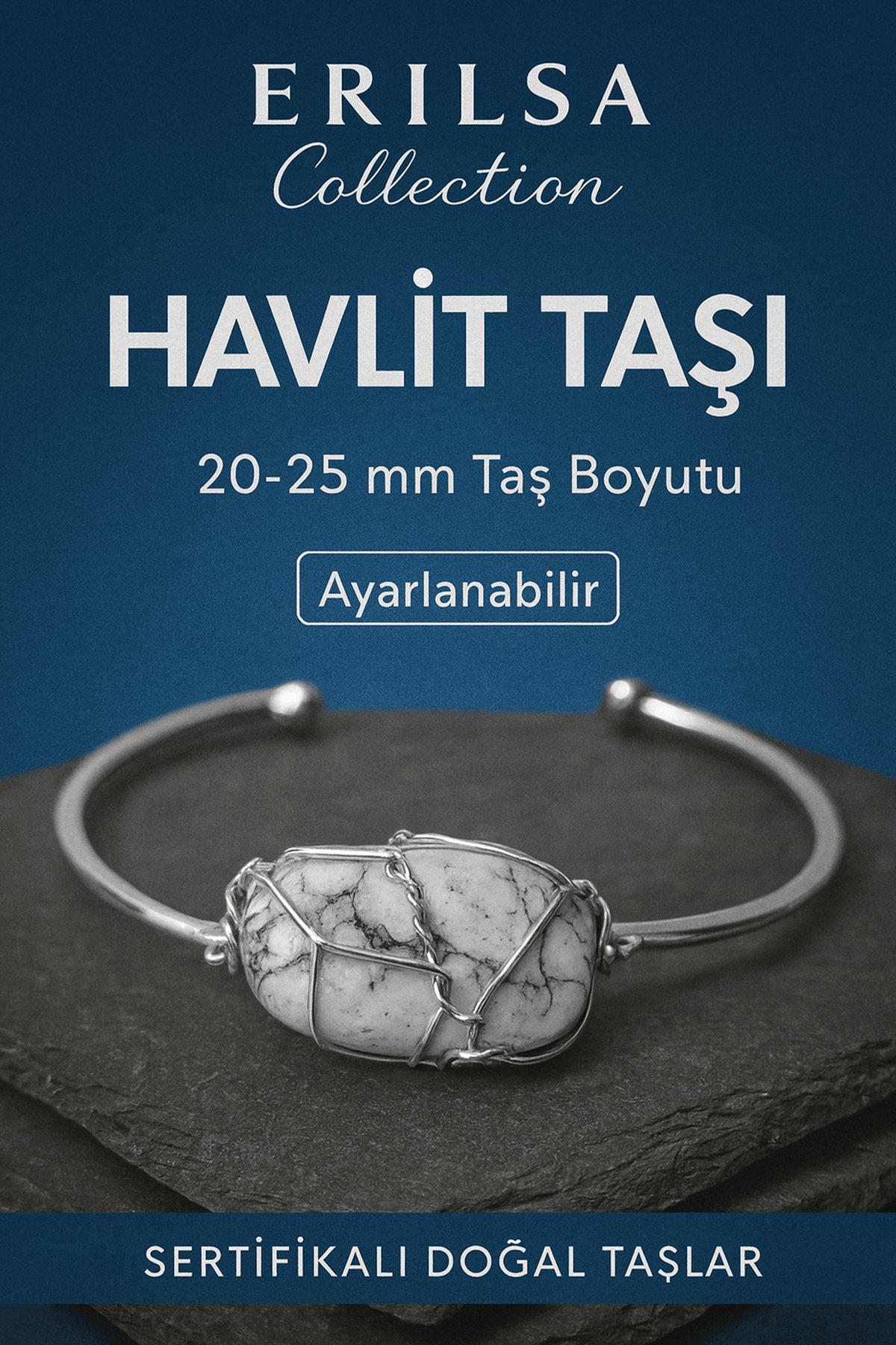Sertifikalı Doğal Havlit Taşı Gümüş Kaplama Ayarlanabilir Bileklik – Sakinlik ve Huzur