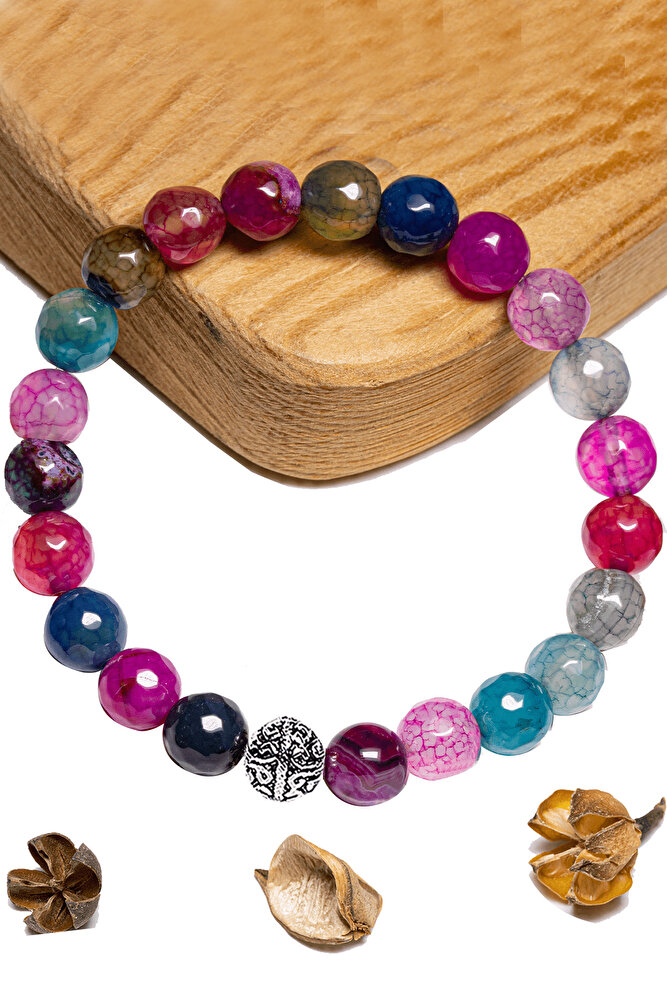 Sertifikalı Aaa+ Fasetli Pembe Mavi Akik Taşı Bileklik - Gümüş Aparatlı