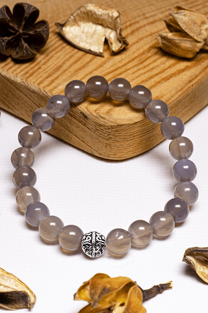 Sertifikalı Gri Akik Taşı Bileklik - Gümüş Aparatlı