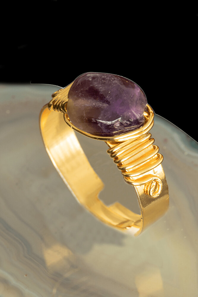 Sertifikalı Kalın Tımbıl Model Ametist Taşı Yüzük - Ayarlamalı