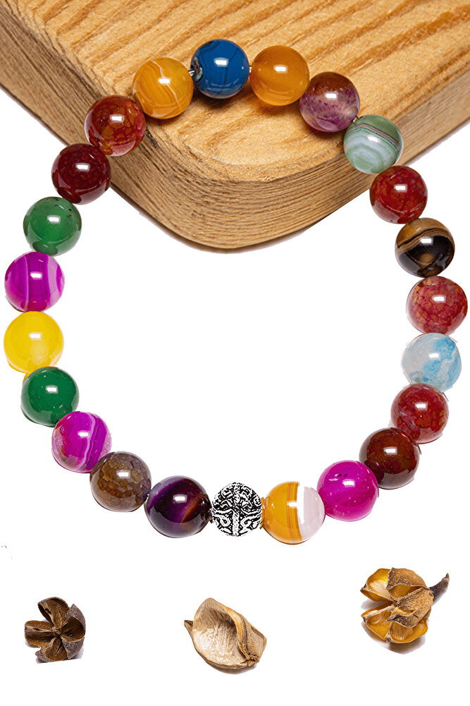 Sertifikalı Aaa+ Renkli Akik Taşı Bileklik - Gümüş Aparatlı