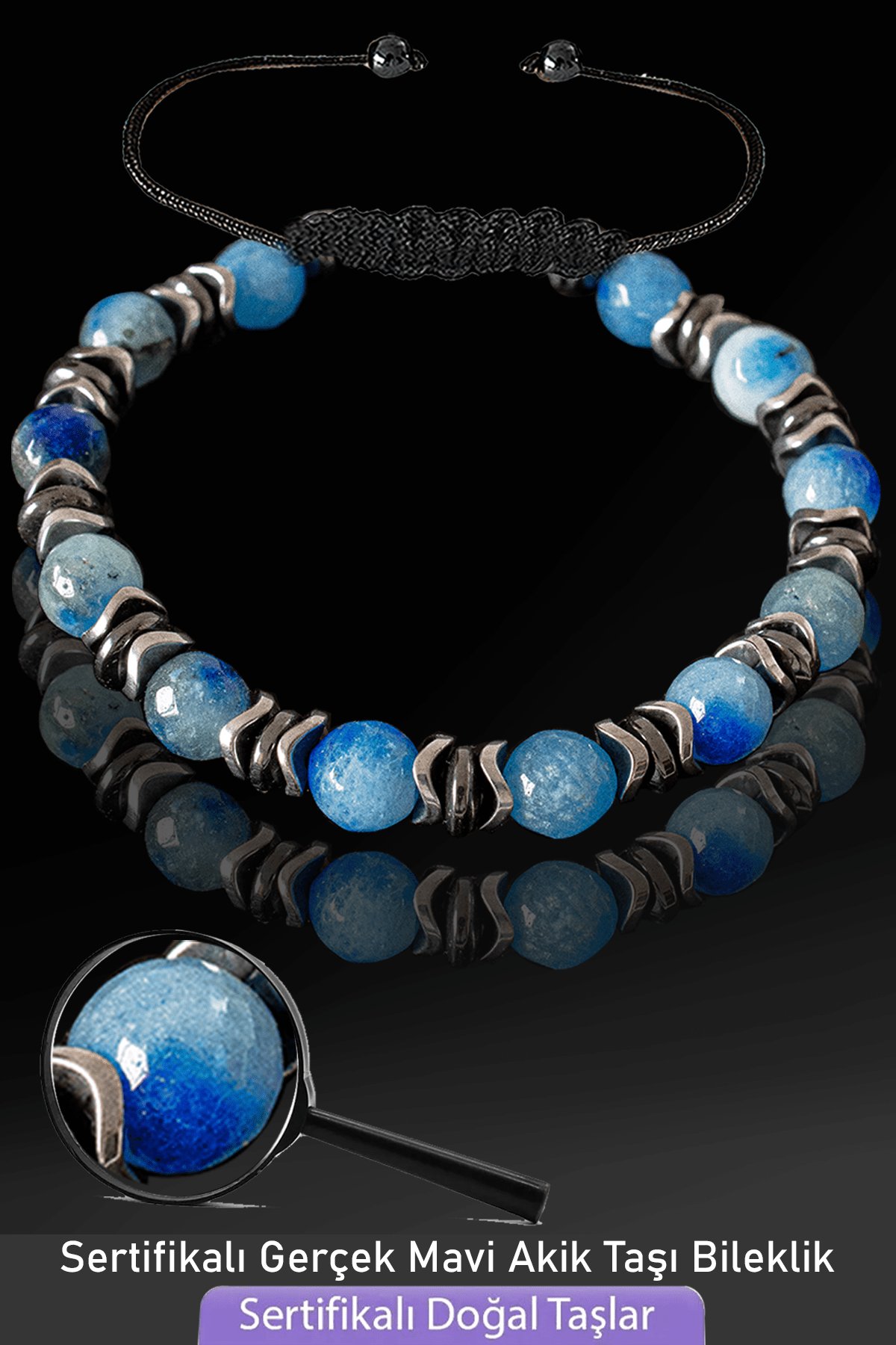 Sertifikalı Gerçek Fasetli Mavi Akik Taşı Bileklik - Ayarlamalı