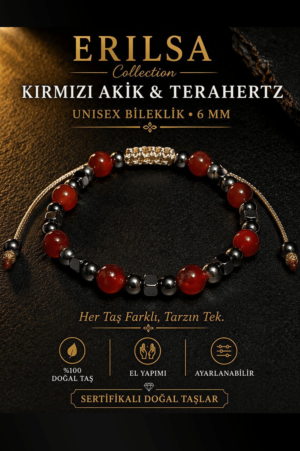 Sertifikalı Bayrak Kırmızı Akik Terahertz Bileklik - 6 MM Doğal Taş Unisex Ayarlanabilir Premium