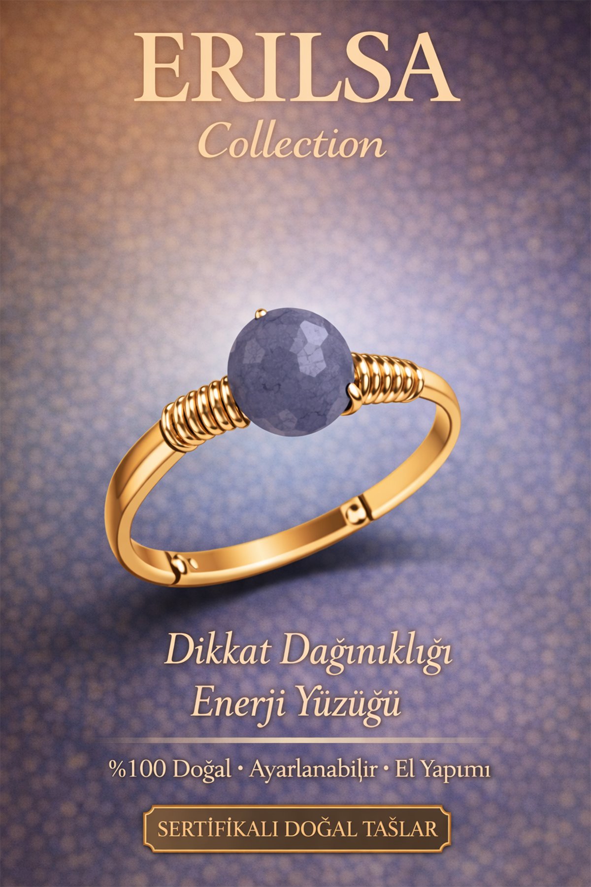 Sertifikalı Dikkat Dağınıklığı Enerji Yüzüğü – Angelit Melek Taşı Ayarlamalı Gold İnce Kova Balık