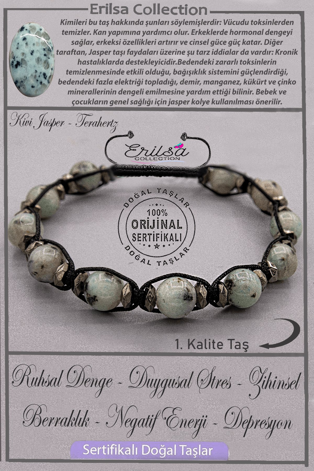 Sertifikalı AAA+ Kalite Gerçek Terahertz - Kivi Jasper Taşı Bileklik - Ayarlamalı