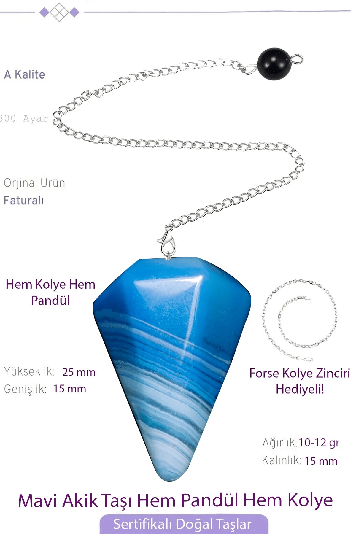 Sertifikalı Mavi Akik Taşı Pandül Sarkaç Hem Pandül - Hem Kolye