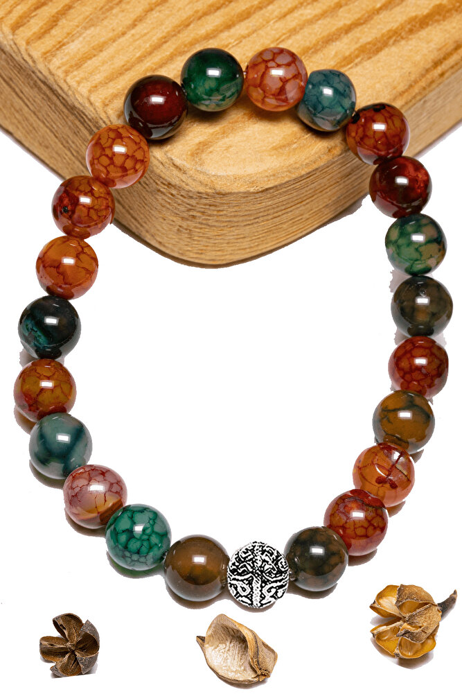 Sertifikalı Aaa+ Damarlı Kırmızı Mavi Yeşil Akik Taşı Bileklik