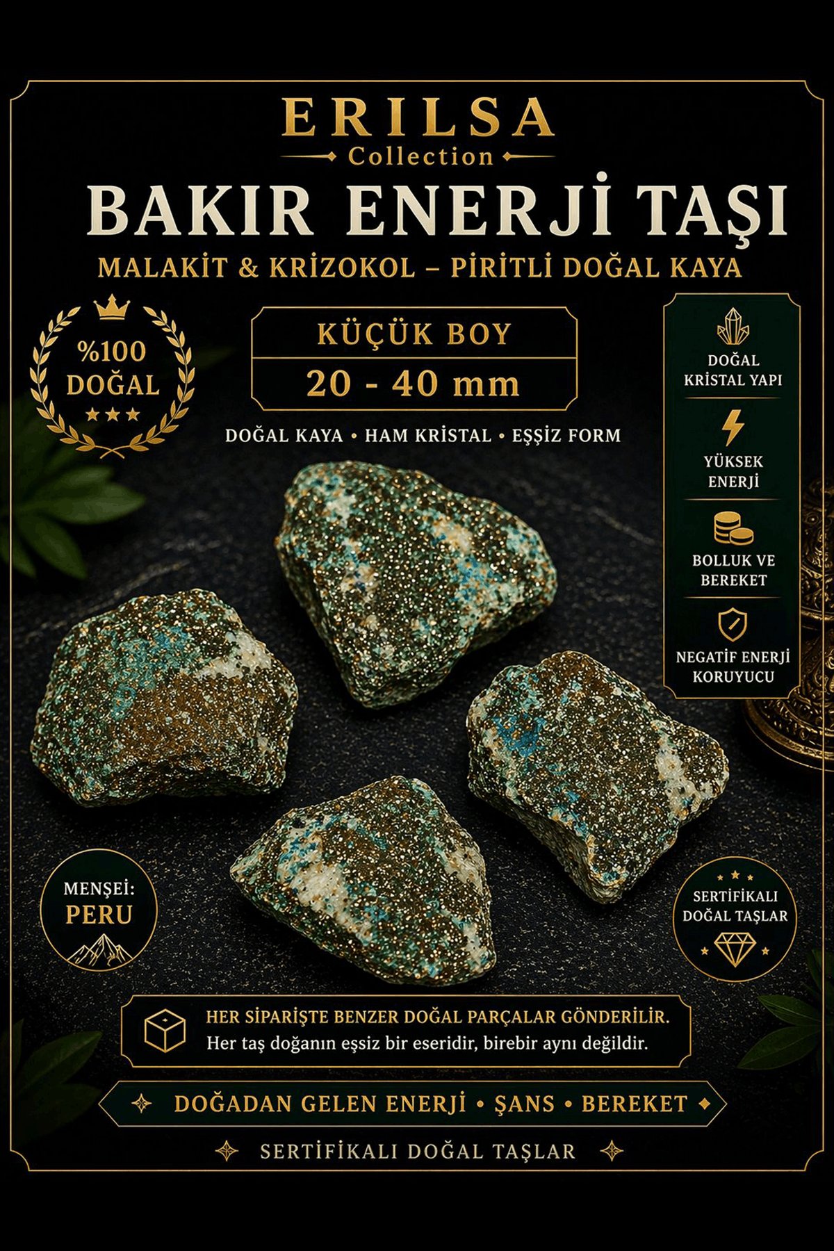 Sertifikalı Bakır Enerji Taşı Kütle - Malakit Krizokol Piritli Doğal Kaya 20-40 mm Küçük Boy