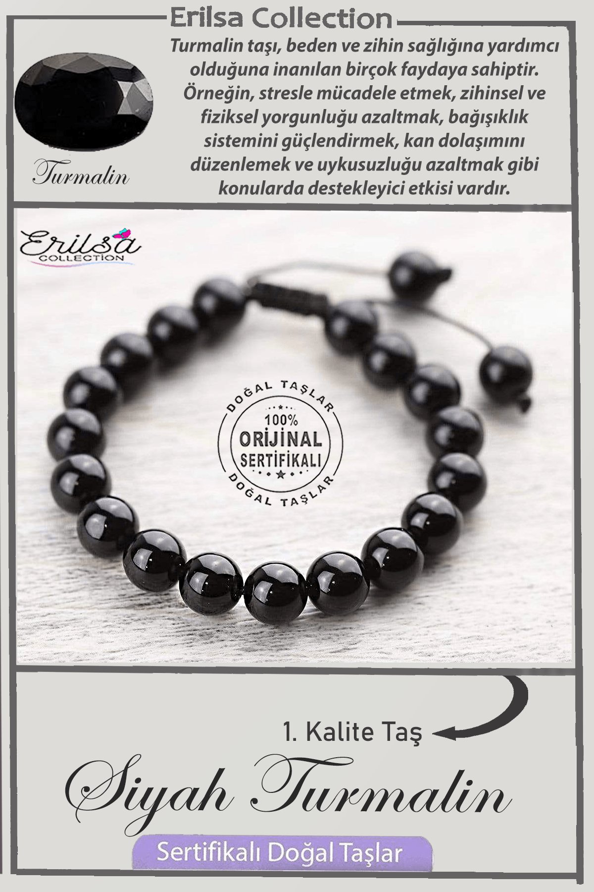 Sertifikalı AAA+ Kalite Gerçek Siyah Turmalin Taşı Bileklik