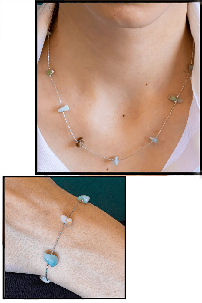 Sertifikalı Gümüş Amazonit Taşlı Doğal Taş Kolye Bileklik Seti