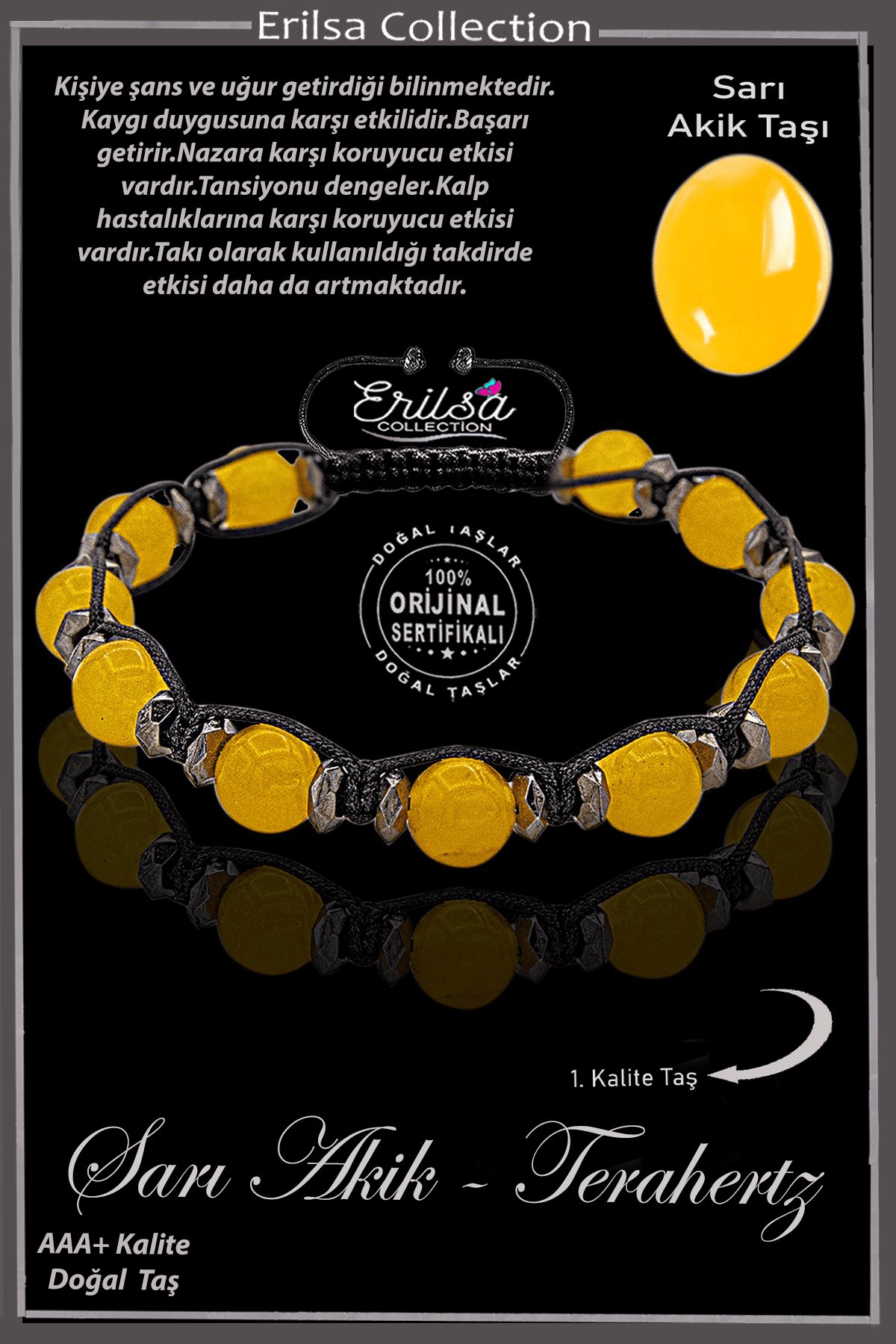 Sertifikalı Gerçek AAA+ Terahertz - Sarı Akik Taşı Bileklik- Ayarlamalı