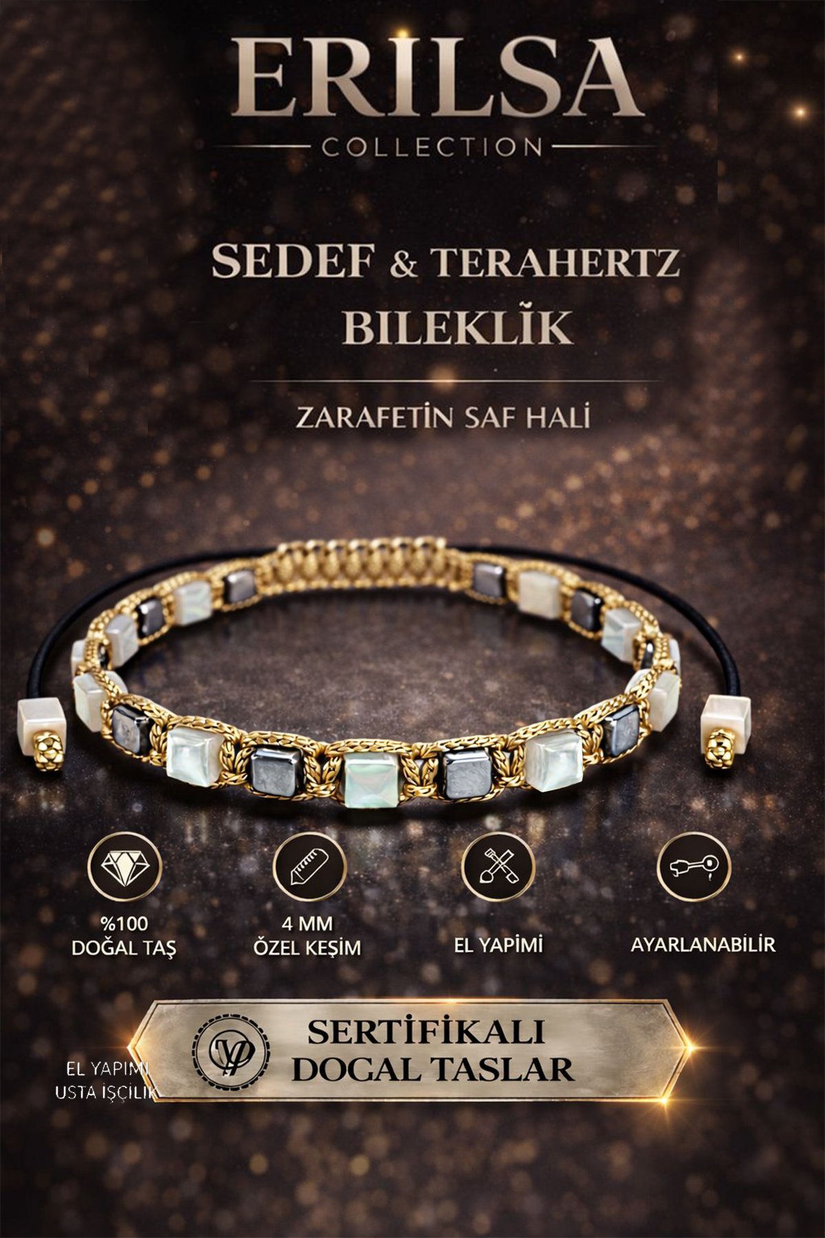 Sertifikalı Sedef Taşı Terahertz Bileklik - 4mm Küp Kesim Doğal Taş El Yapımı Ayarlanabilir Lüks