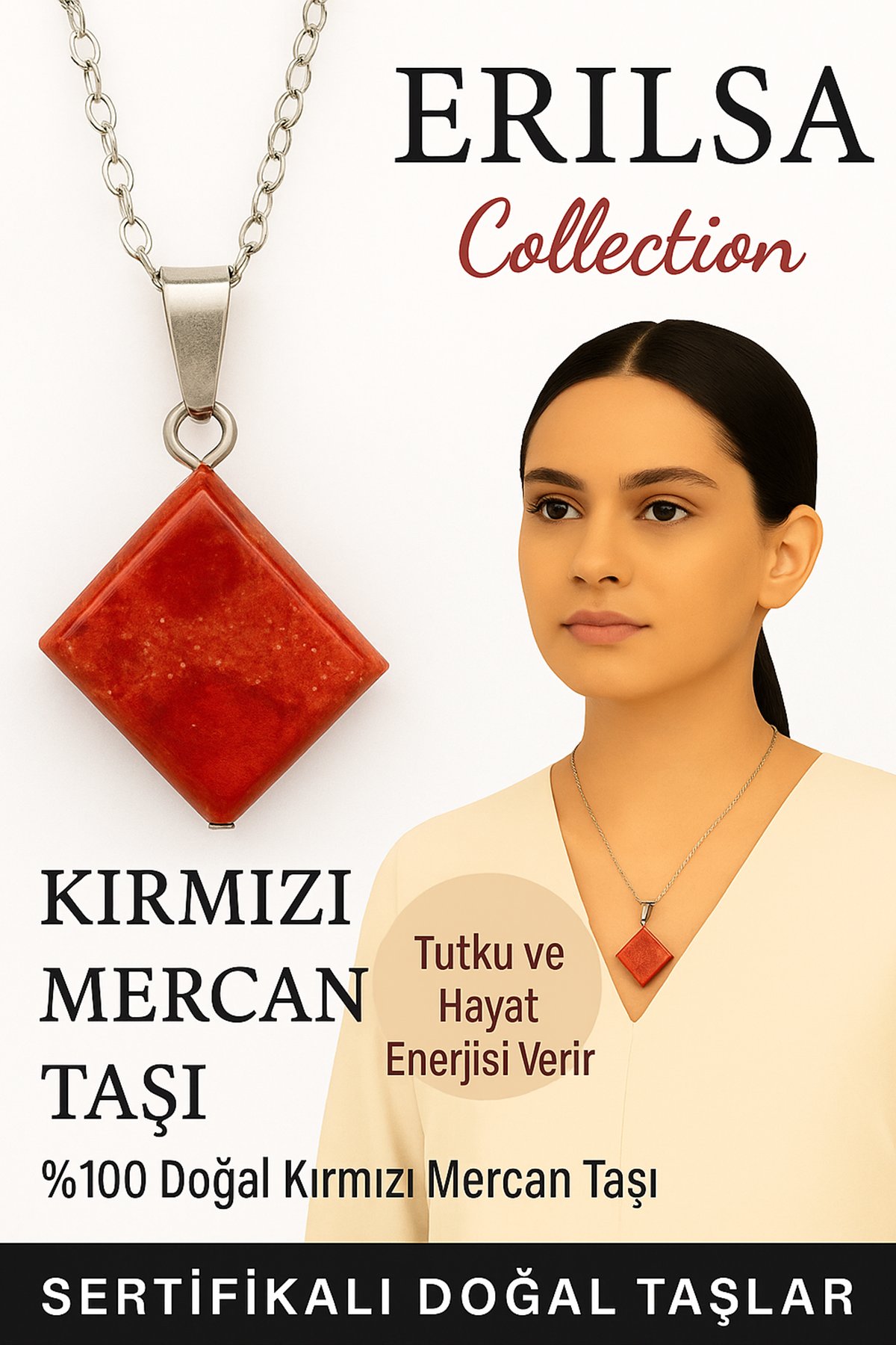 Sertifikalı Kırmızı Mercan Doğal Taş Kolye - Kadın Erkek Tutku ve Hayat Enerjisi Taşı