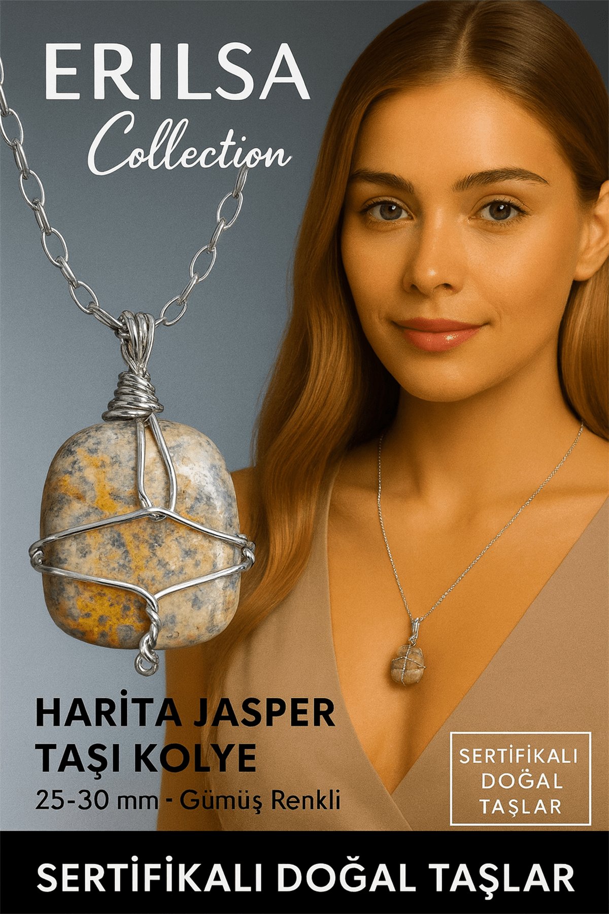 Sertifikalı Gümüş Tel Sargılı Doğal Harita Jasper (Kahverengi Jasper) Kolye – 30-35 mm Denge ve Güç Taşı