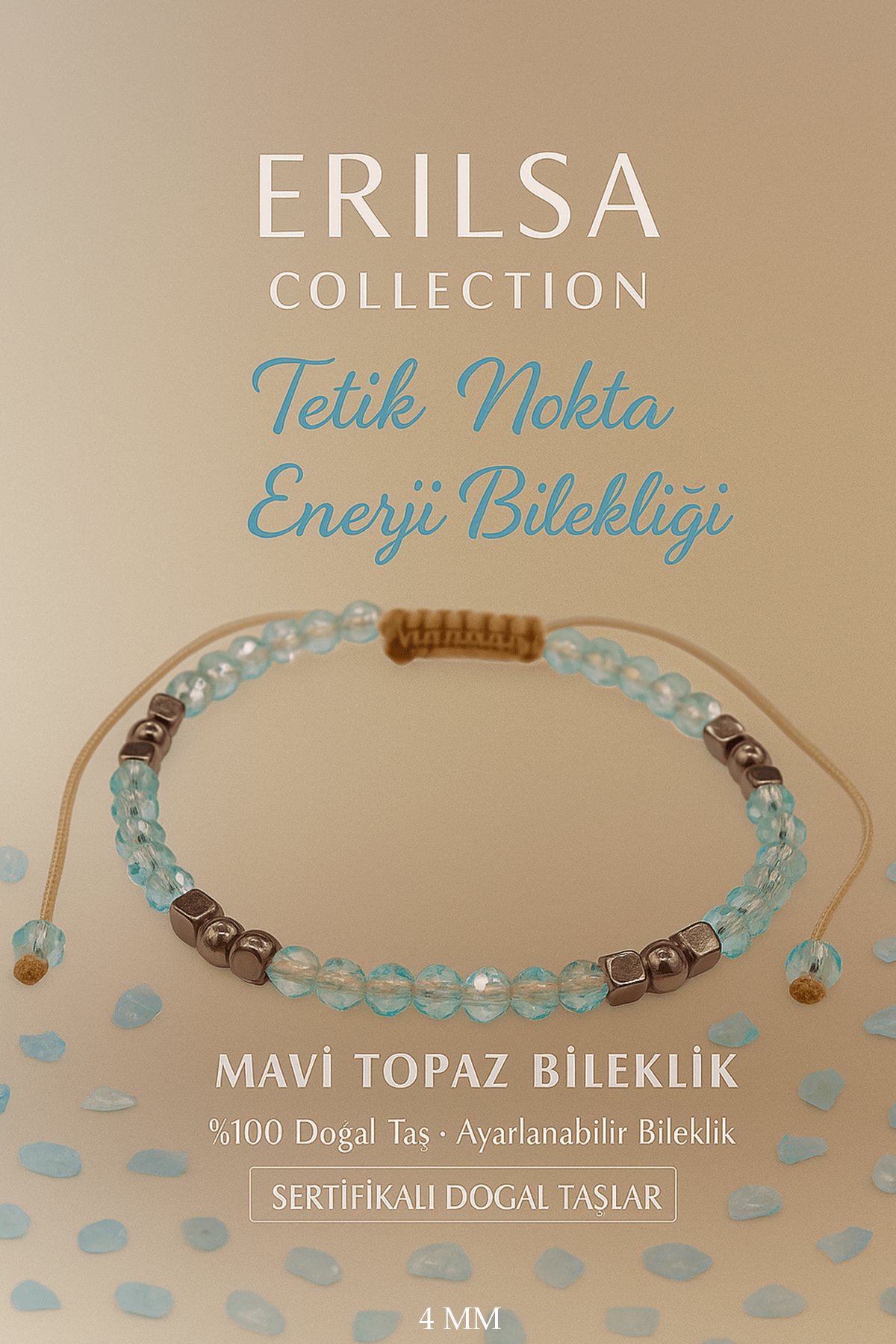 Sertifikalı Tetik Nokta Enerji Dengesi Bilekliği - Mavi Topaz Terahertz Taşı 4mm